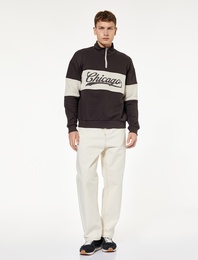 Uzun Kollu Baskılı Oversize Renk Bloklu Yarım Fermuarlı Sweatshirt