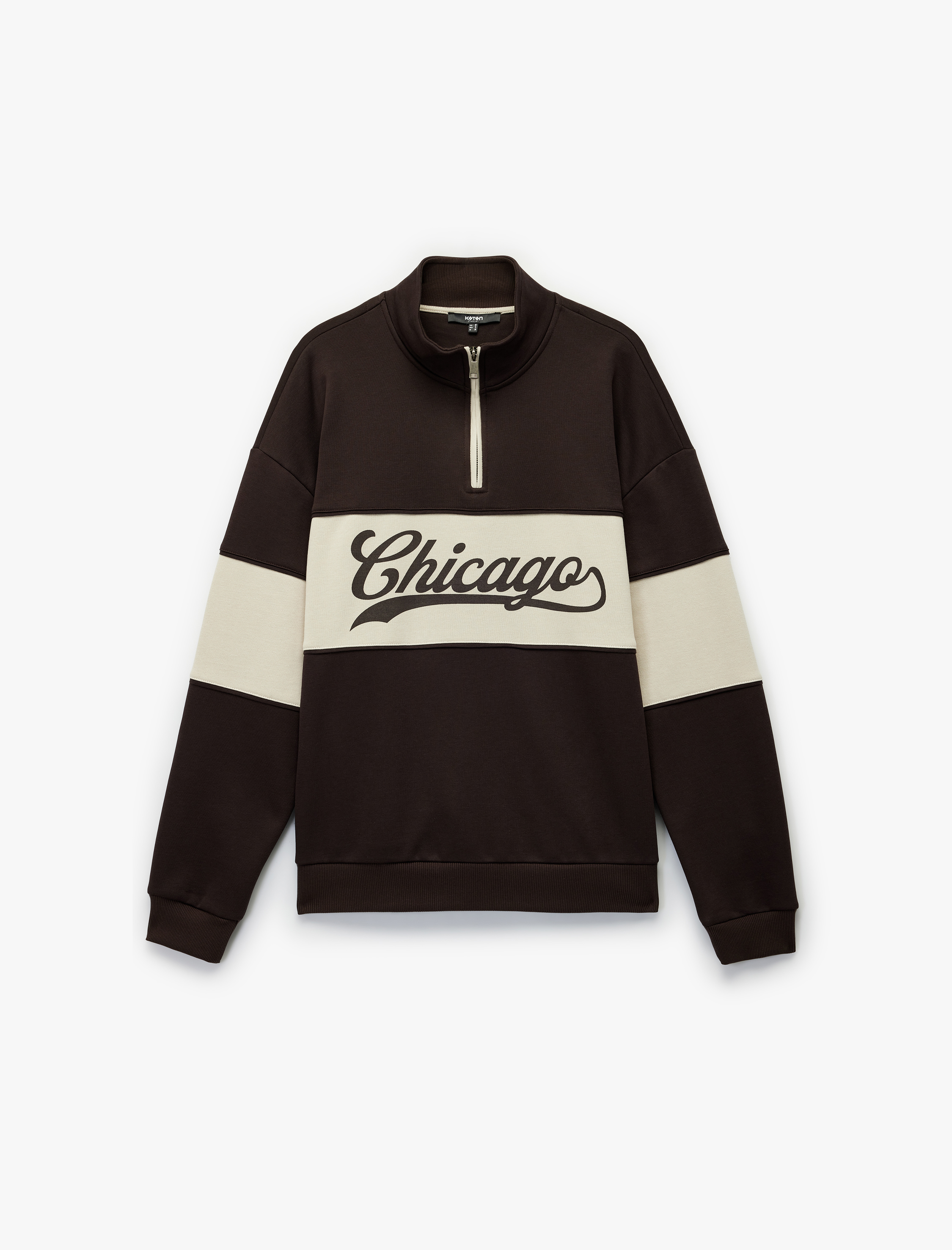   Uzun Kollu Baskılı Oversize Renk Bloklu Yarım Fermuarlı Sweatshirt