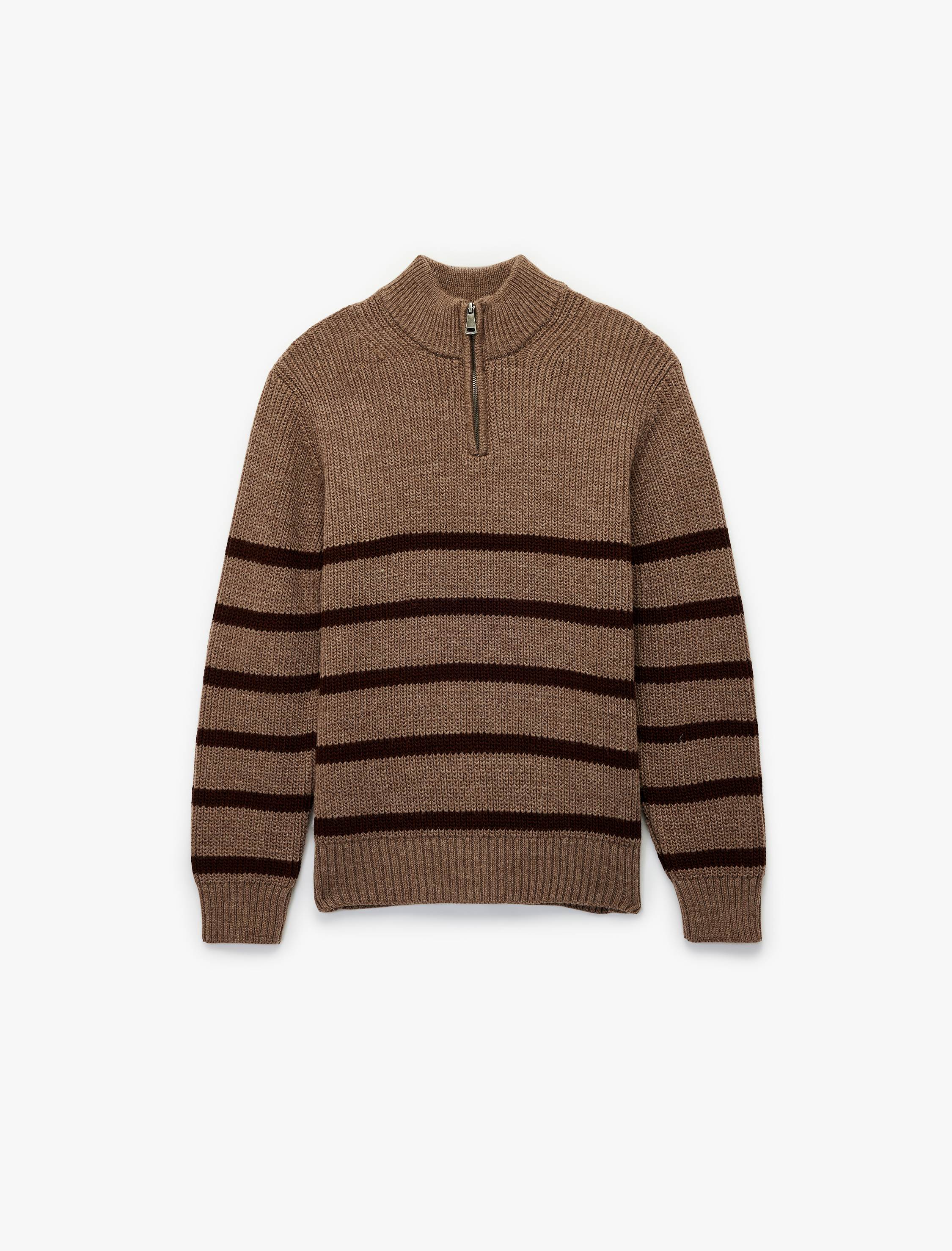   Uzun Kollu Çizgili Basic Yarım Fermuarlı Triko Kazak