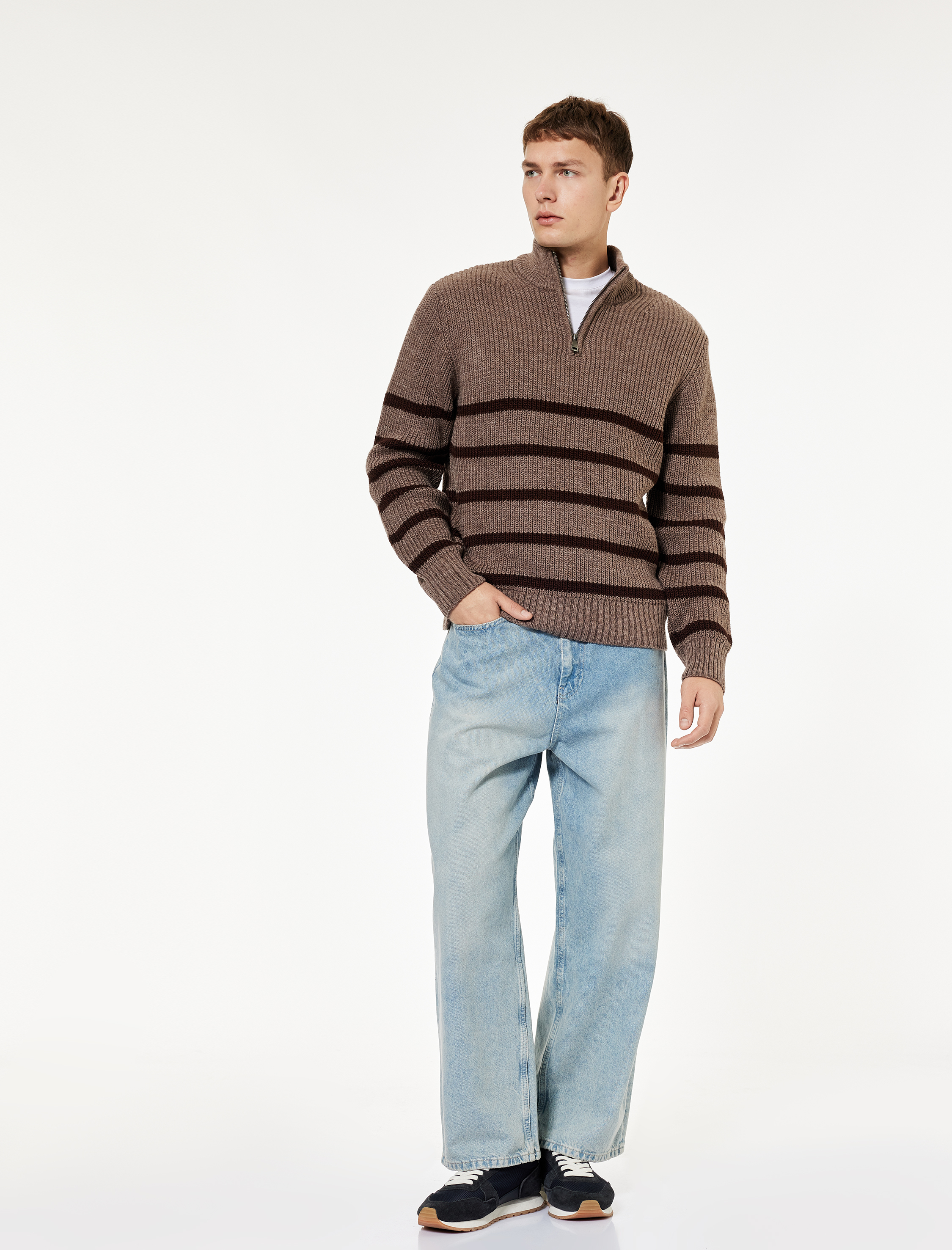   Uzun Kollu Çizgili Basic Yarım Fermuarlı Triko Kazak