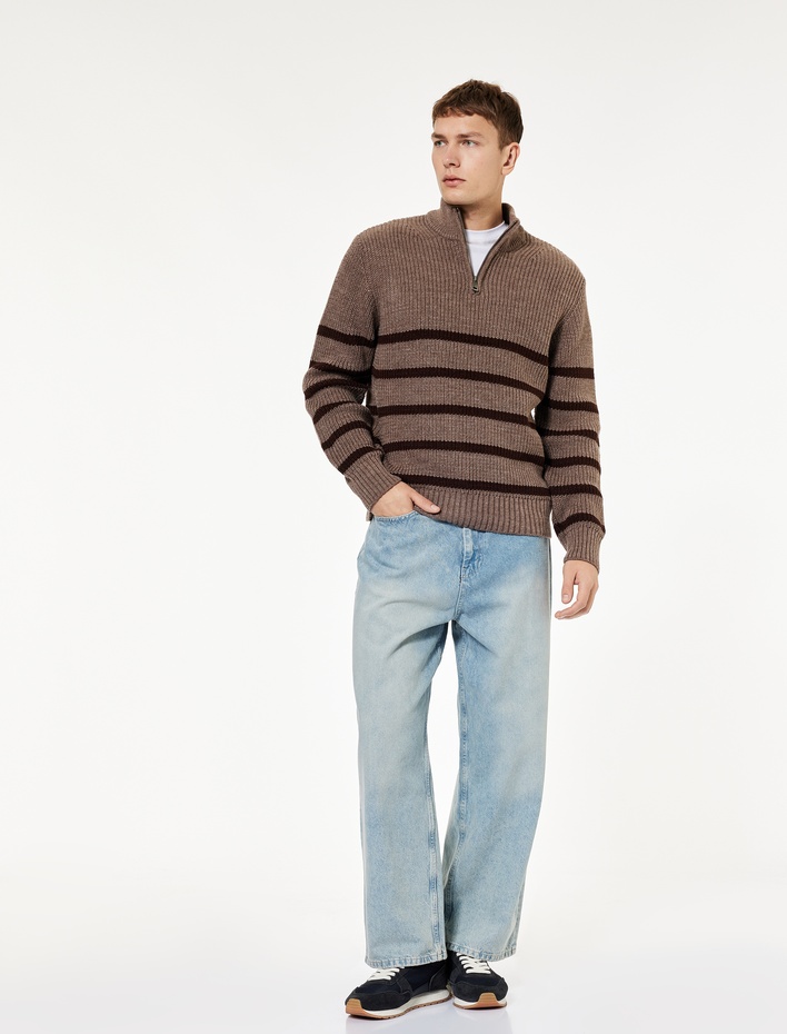  Uzun Kollu Çizgili Basic Yarım Fermuarlı Triko Kazak