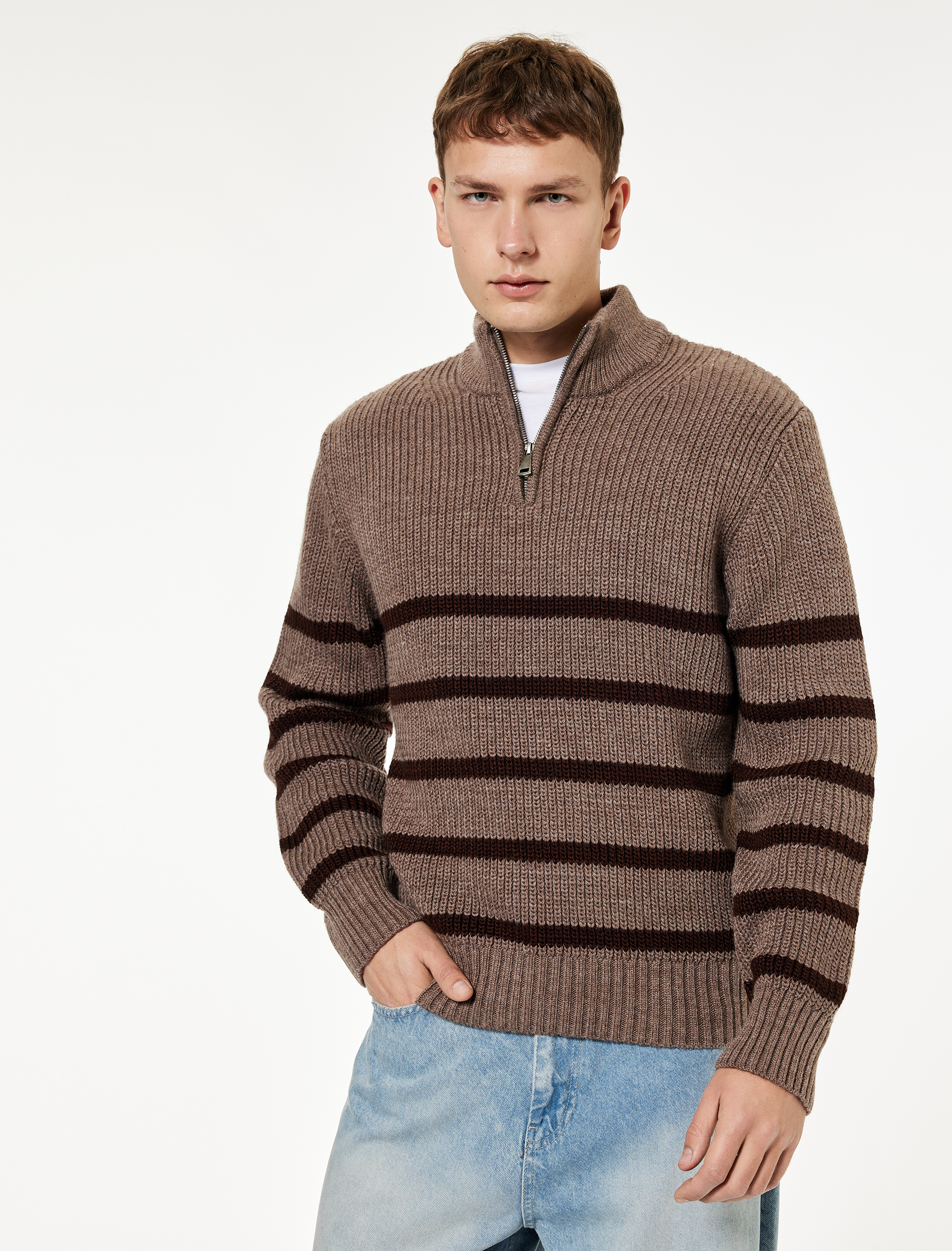   Uzun Kollu Çizgili Basic Yarım Fermuarlı Triko Kazak