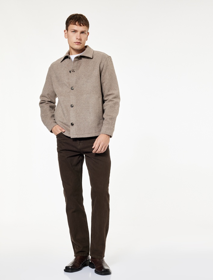  Cep Detaylı Uzun Kollu Gömlek Yaka Düğmeli Slim Fit Kaşe Ceket