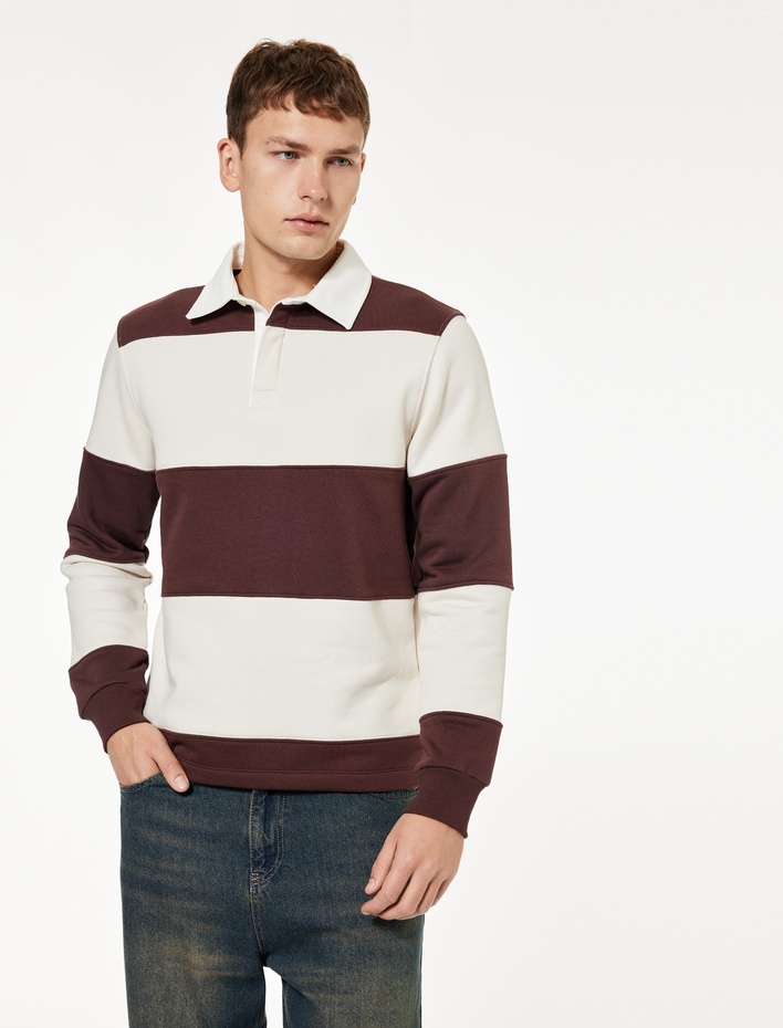  Regular Fit Renk Bloklu Uzun Kollu Polo Yaka Sweatshirt