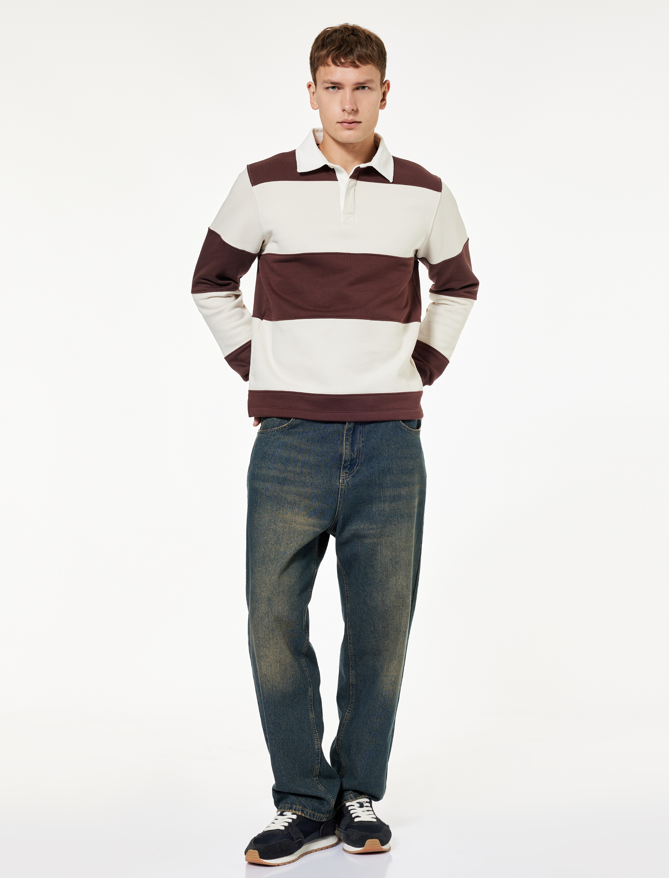   Regular Fit Renk Bloklu Uzun Kollu Polo Yaka Sweatshirt