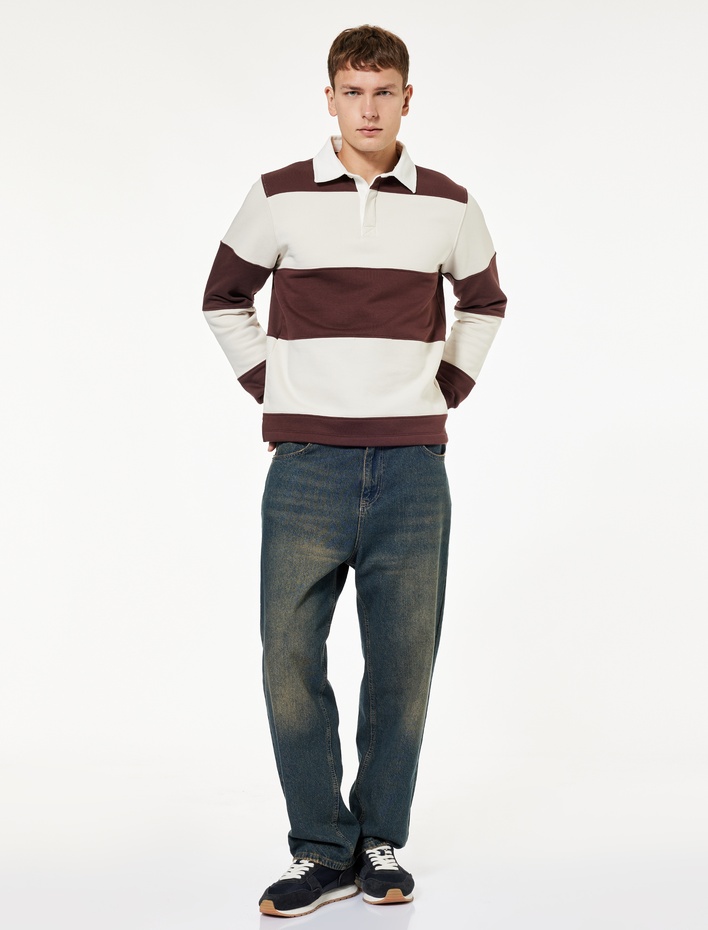  Regular Fit Renk Bloklu Uzun Kollu Polo Yaka Sweatshirt