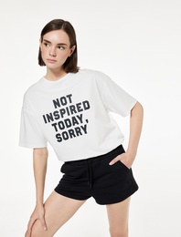 Pamuklu Baskılı Yarım Kollu Bisiklet Yaka Oversize Spor Tişört