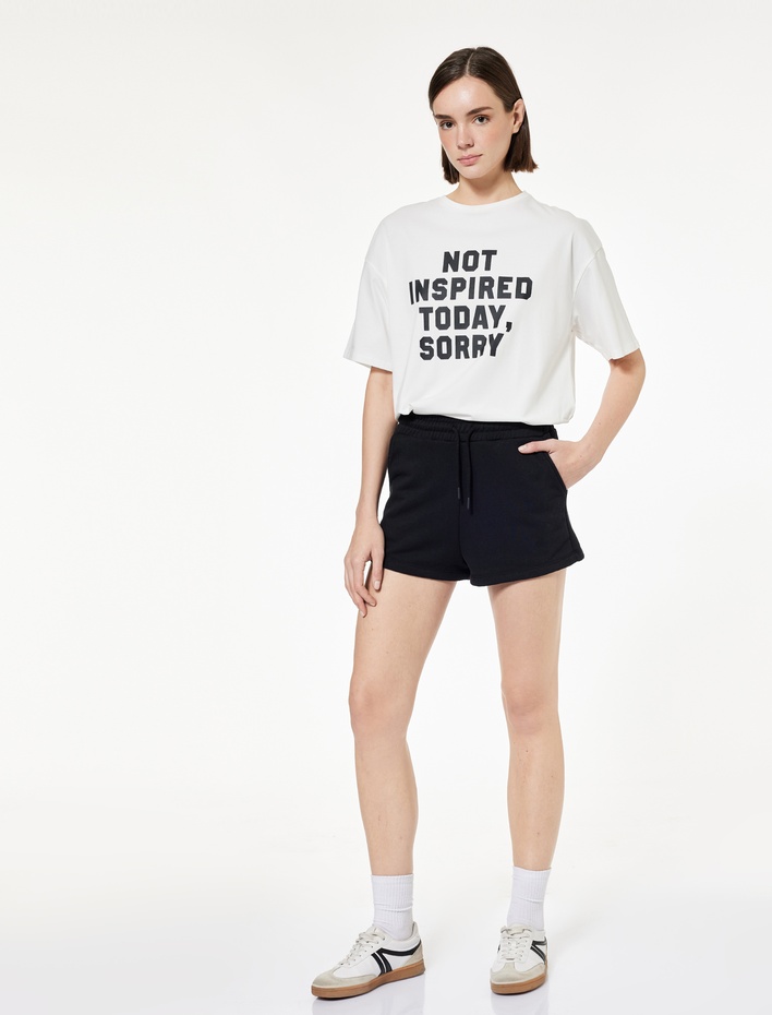  Pamuklu Baskılı Yarım Kollu Bisiklet Yaka Oversize Spor Tişört