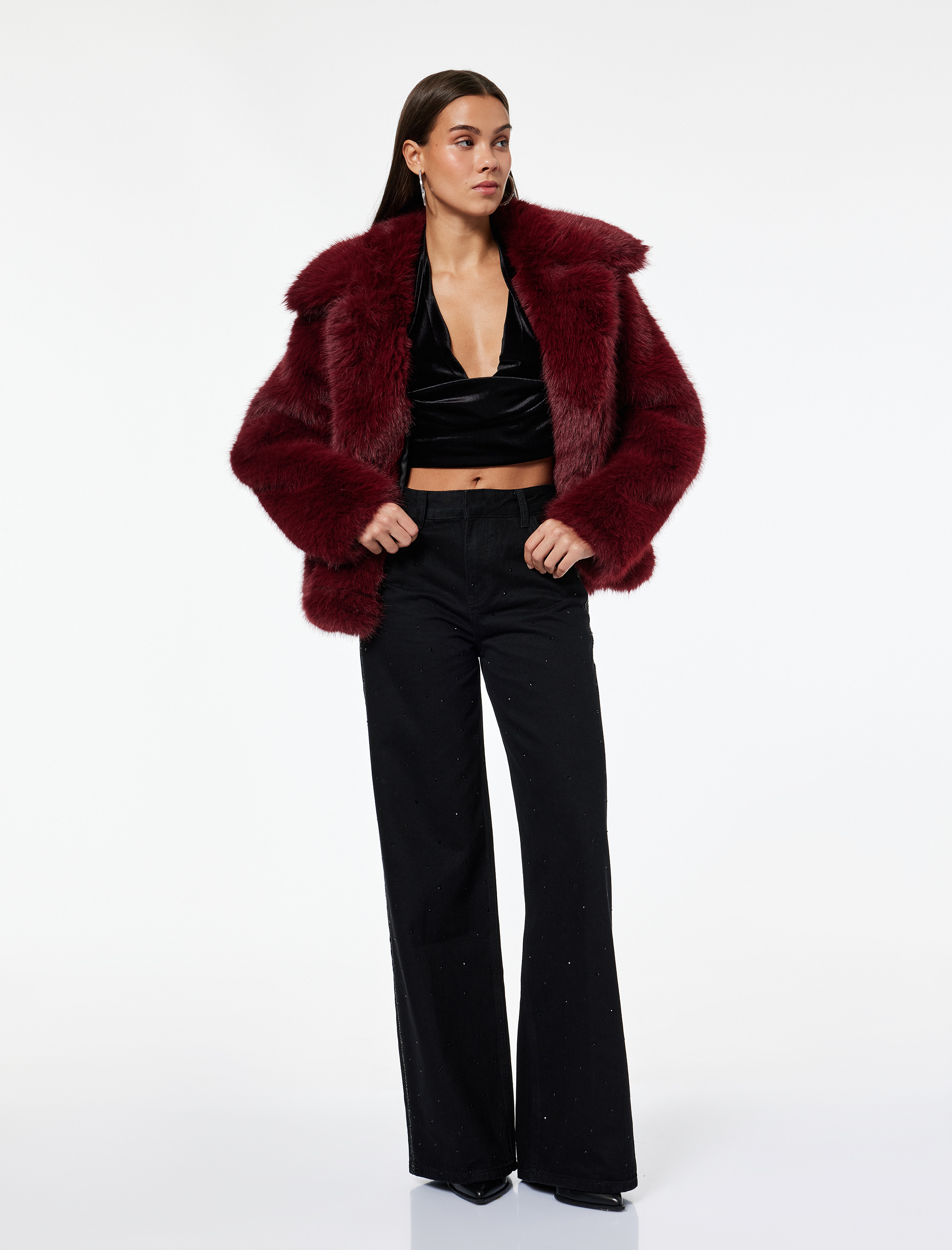   Simli Şerit Detaylı Bol Paça Taşlı Jean Pantolon - Loose Straight Fit Jean