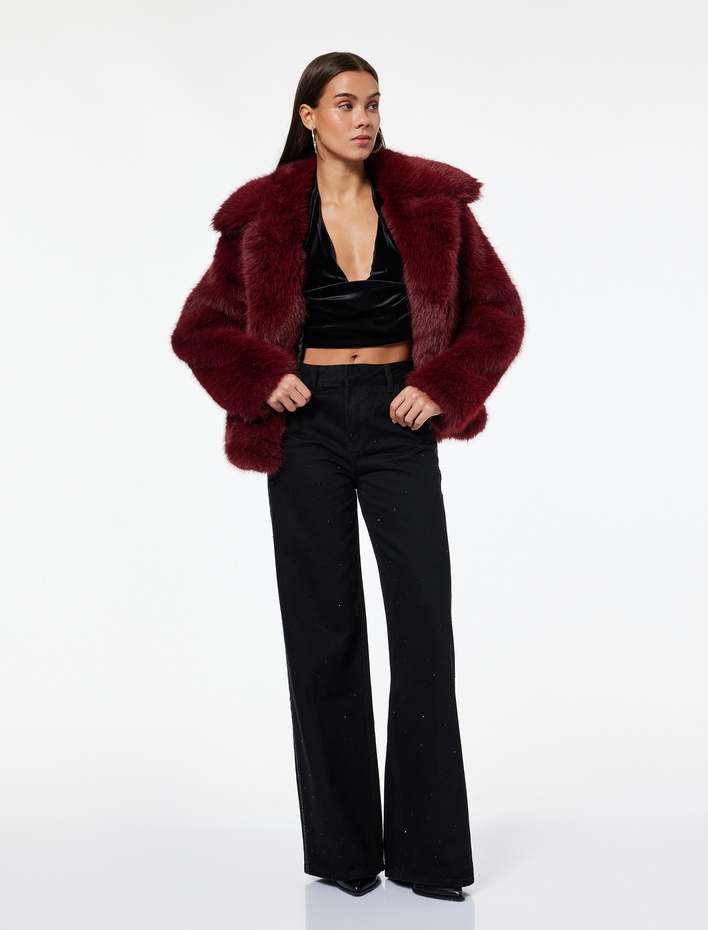  Simli Şerit Detaylı Bol Paça Taşlı Jean Pantolon - Loose Straight Fit Jean