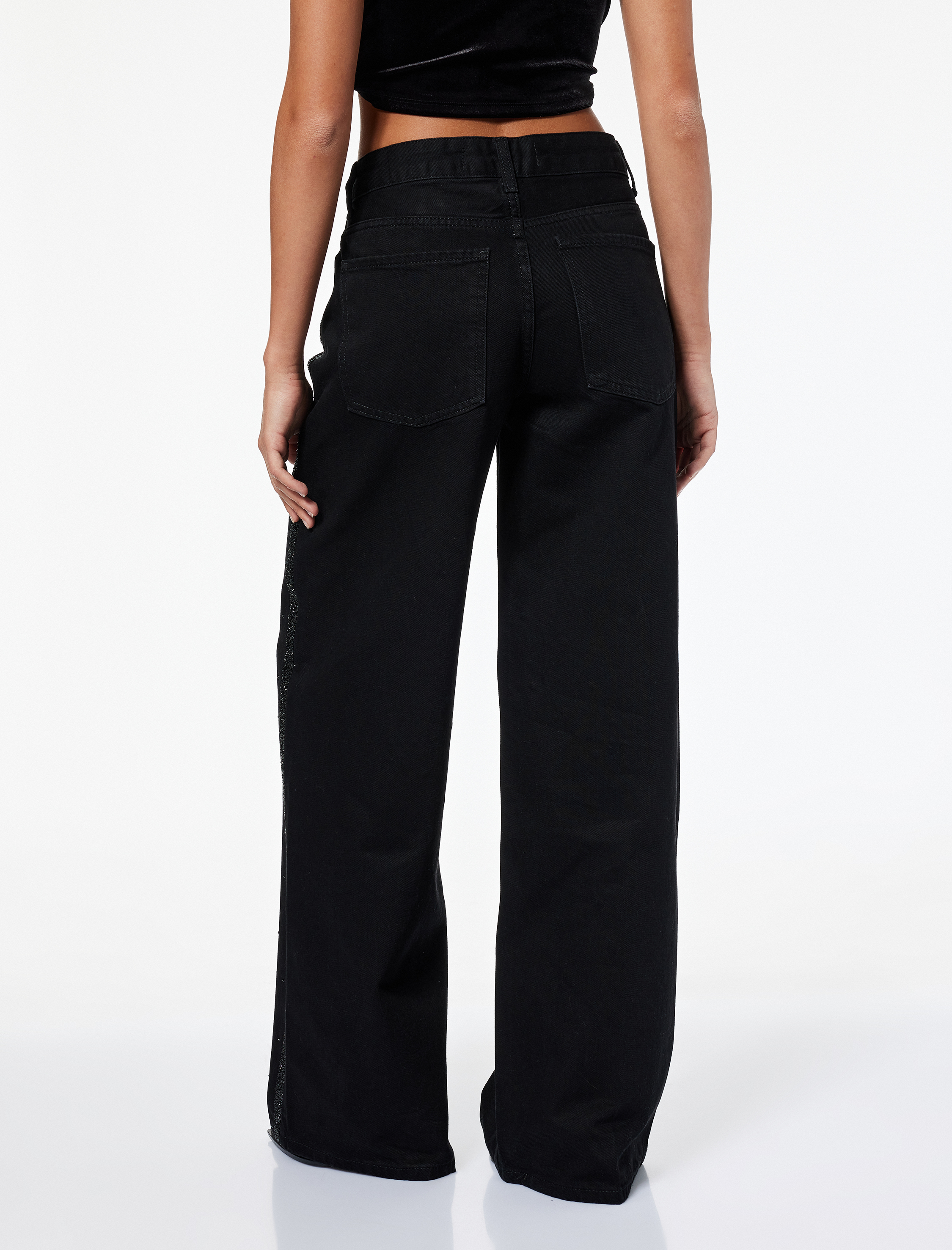   Simli Şerit Detaylı Bol Paça Taşlı Jean Pantolon - Loose Straight Fit Jean