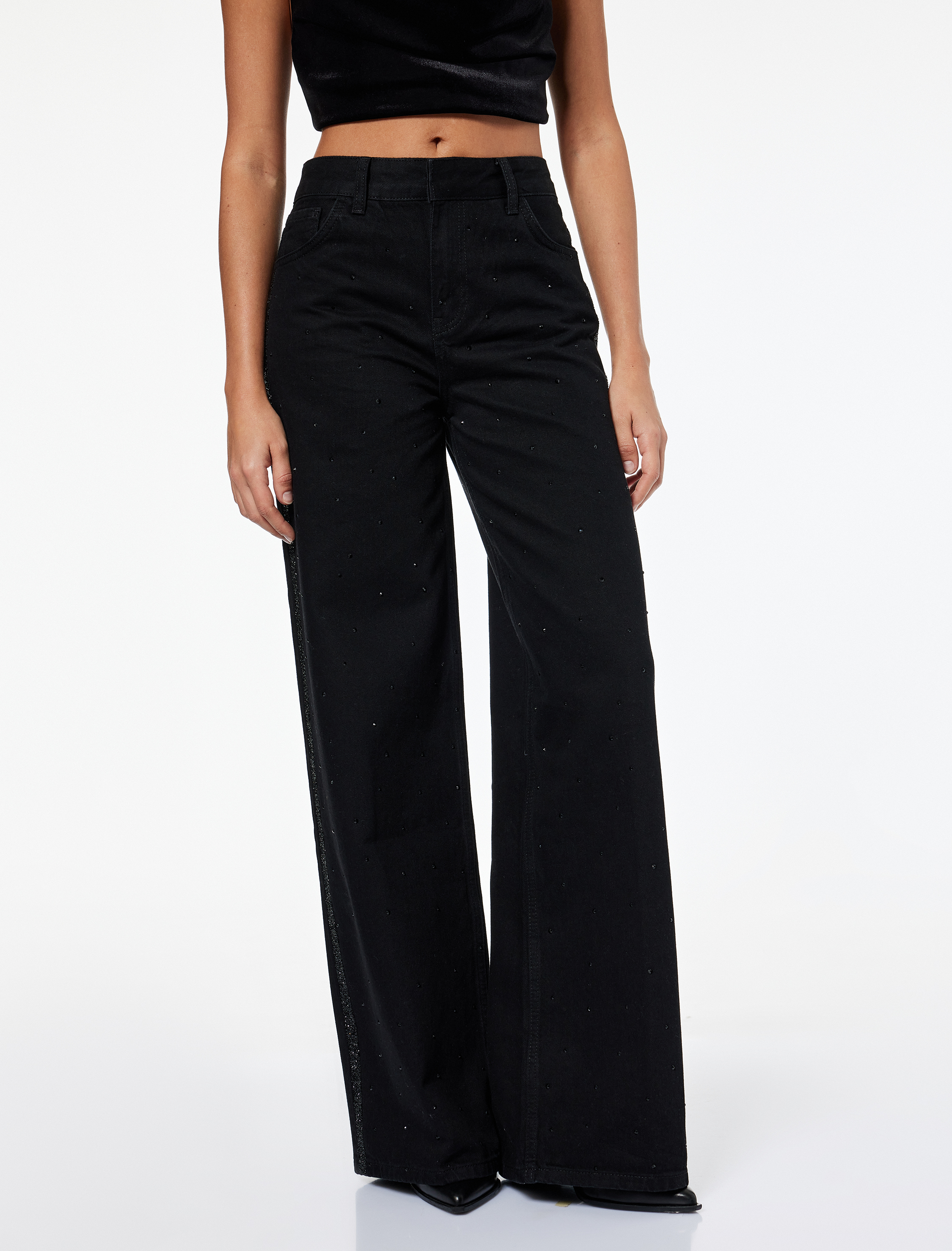   Simli Şerit Detaylı Bol Paça Taşlı Jean Pantolon - Loose Straight Fit Jean