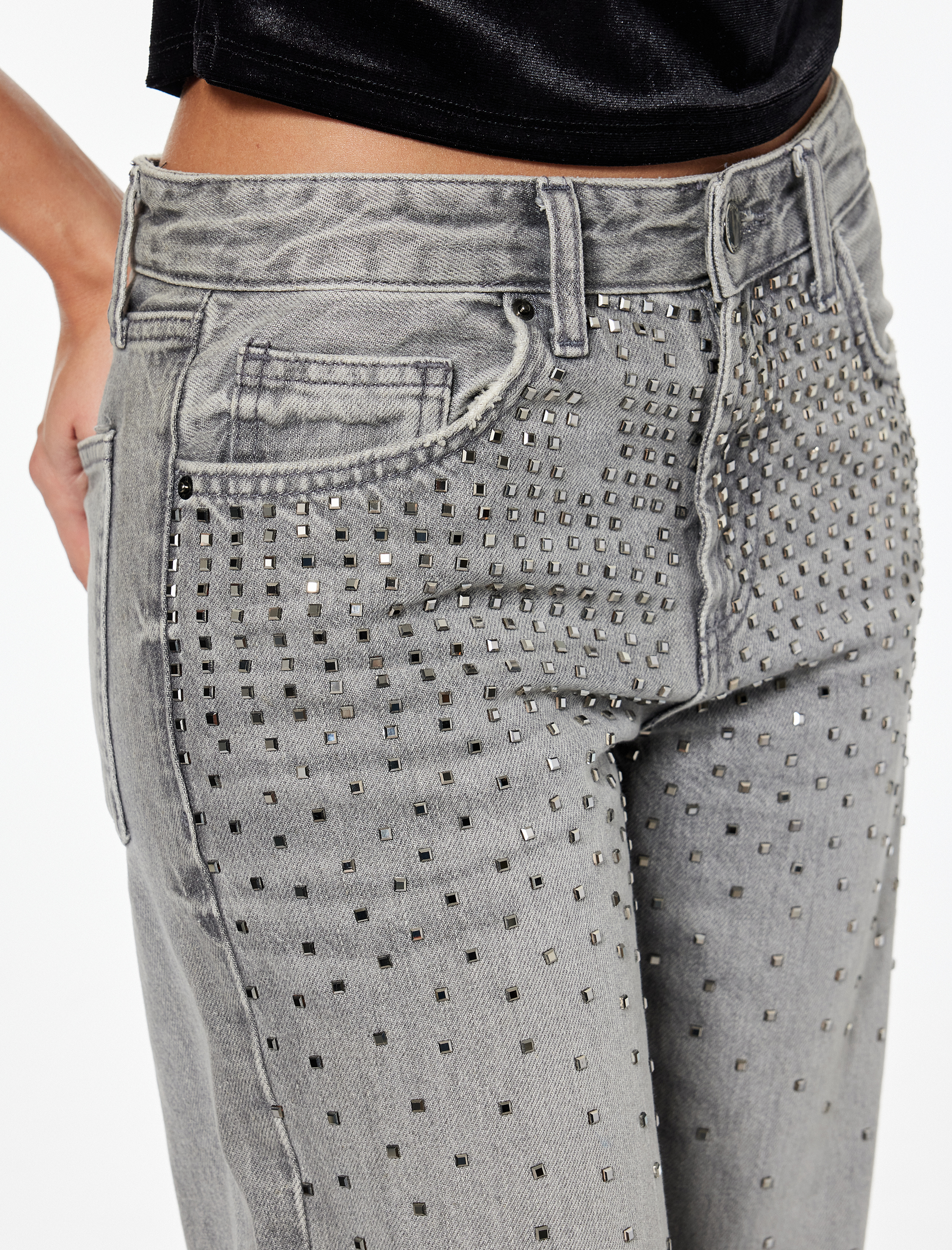   Düz Paça Düğmeli Cepli Pamuklu Taşlı Jean Pantolon - Straight Fit Jean