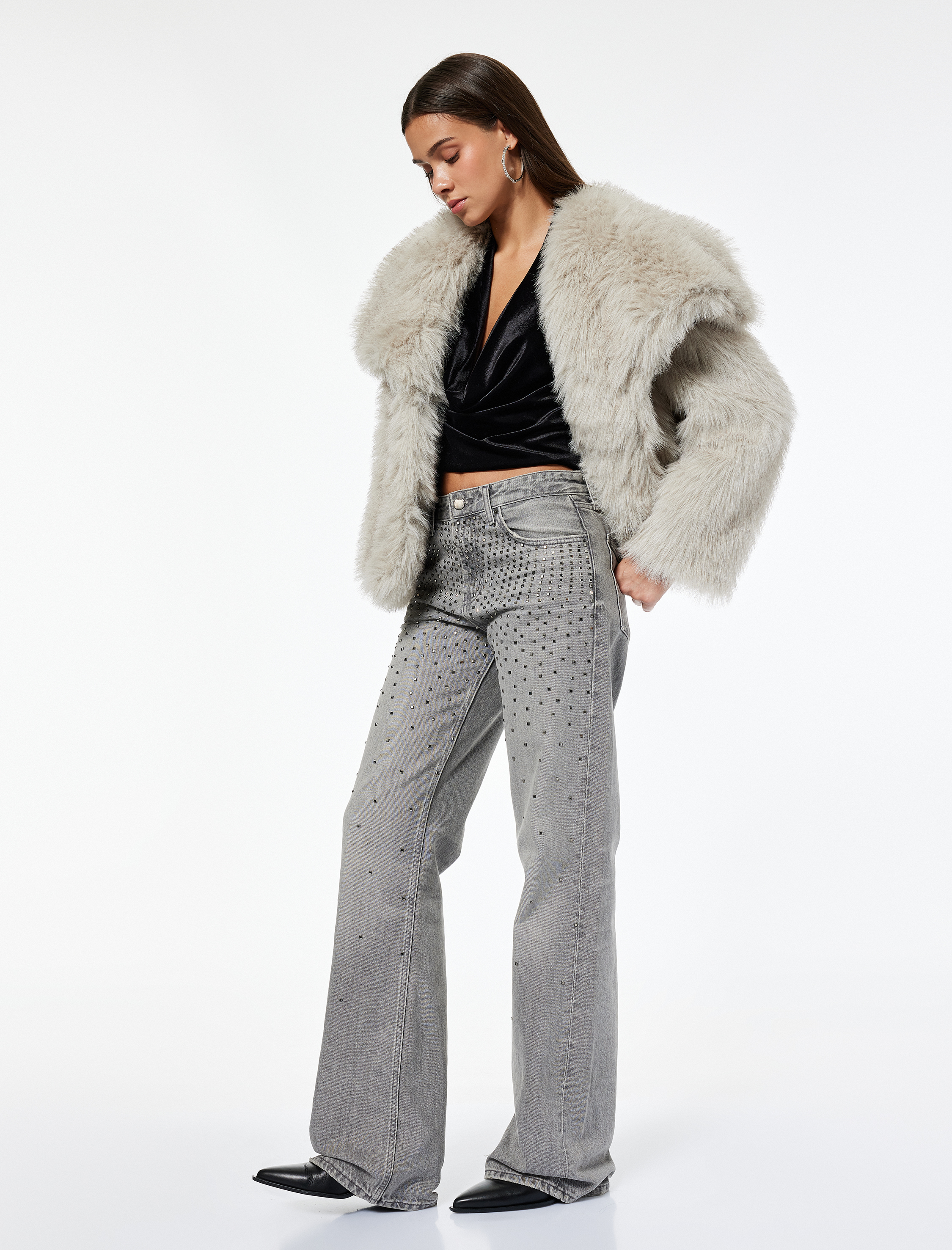   Düz Paça Düğmeli Cepli Pamuklu Taşlı Jean Pantolon - Straight Fit Jean