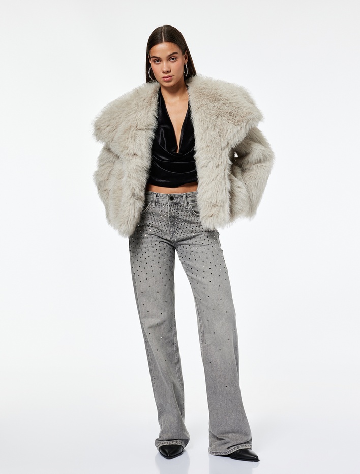  Düz Paça Düğmeli Cepli Pamuklu Taşlı Jean Pantolon - Straight Fit Jean