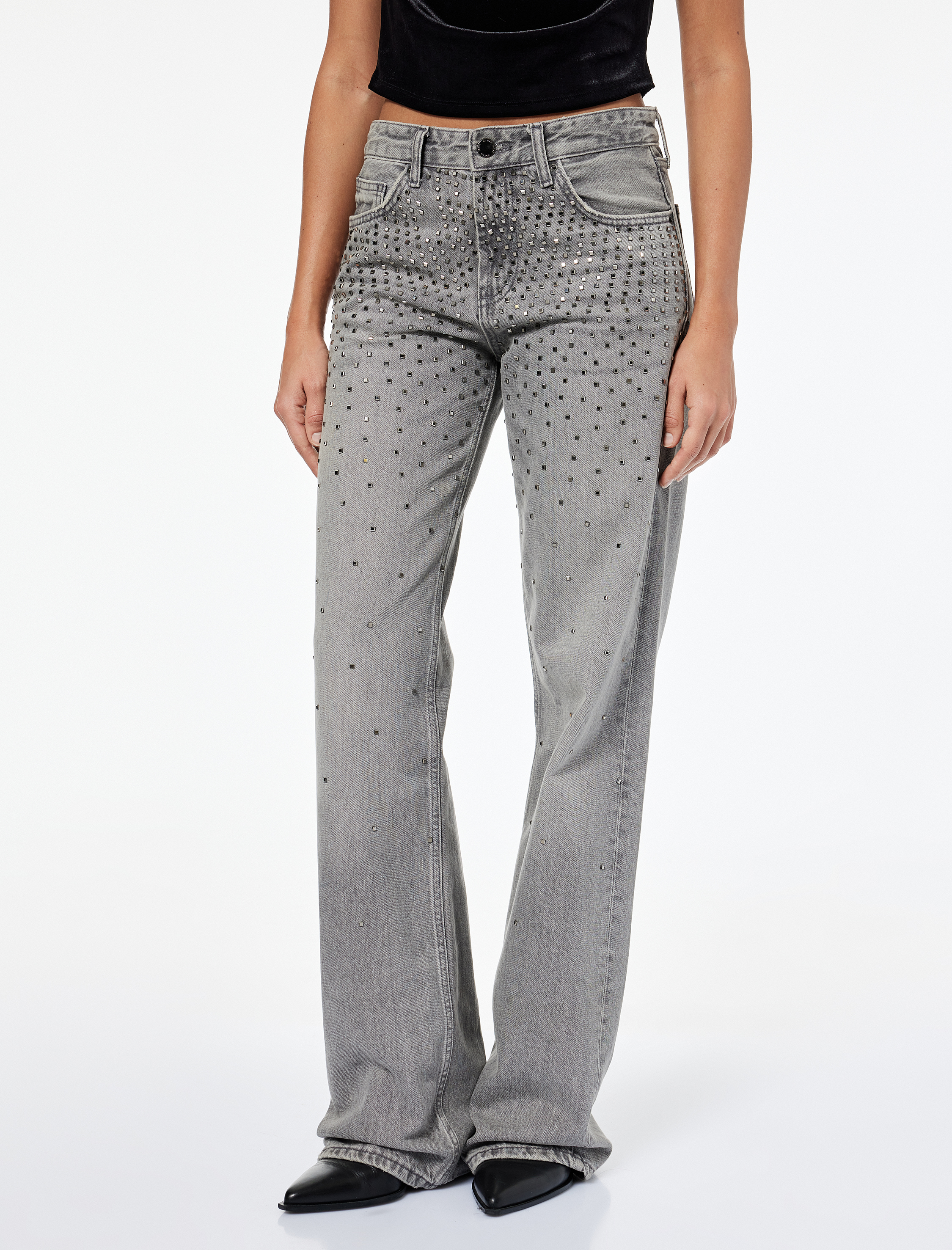   Düz Paça Düğmeli Cepli Pamuklu Taşlı Jean Pantolon - Straight Fit Jean