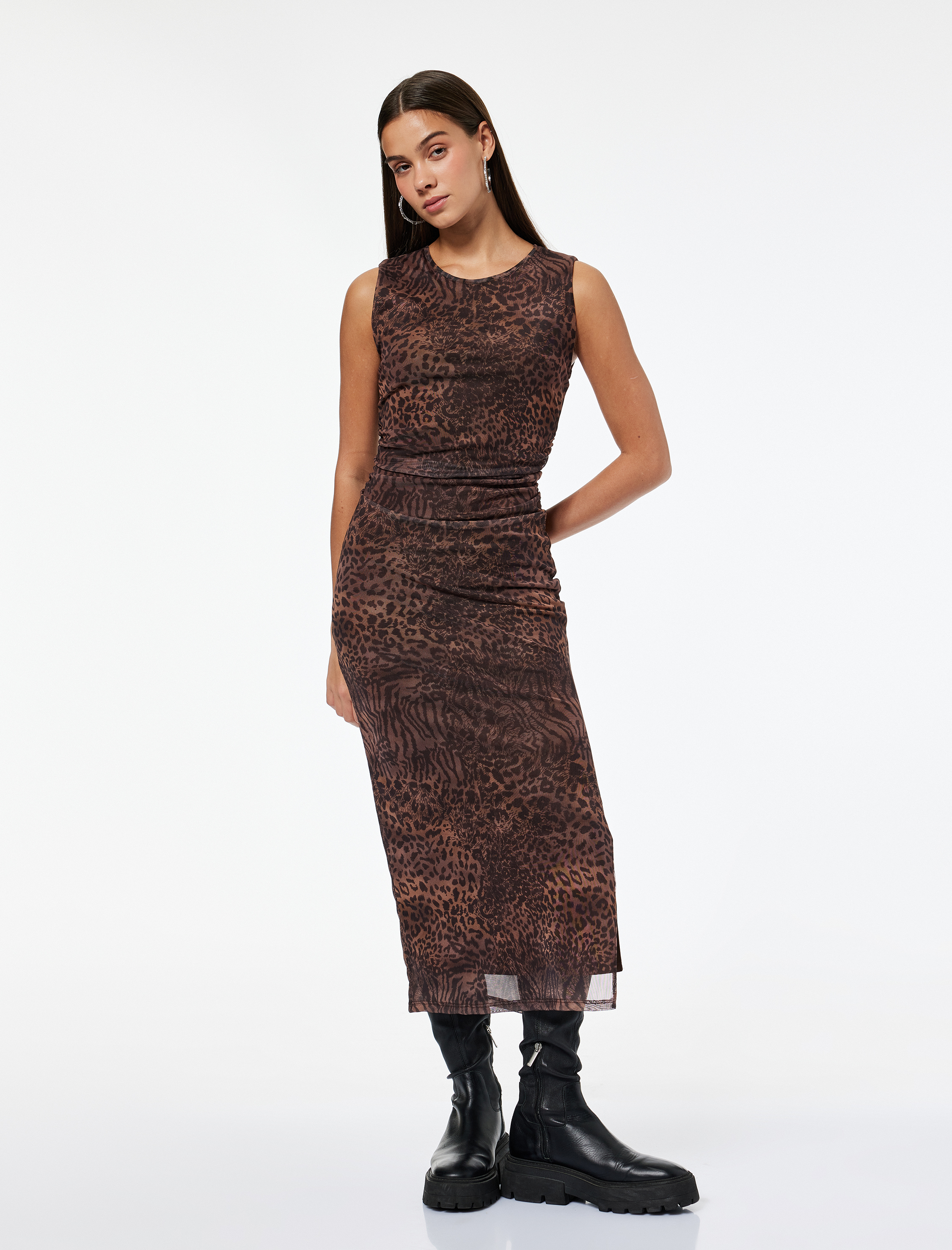   Kolsuz Bisiklet Yaka Yırtmaçlı Drapeli Tül Midi Leopar Elbise