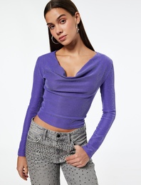 Slim Fit Uzun Kollu  Simli Degaje Yaka Tişört