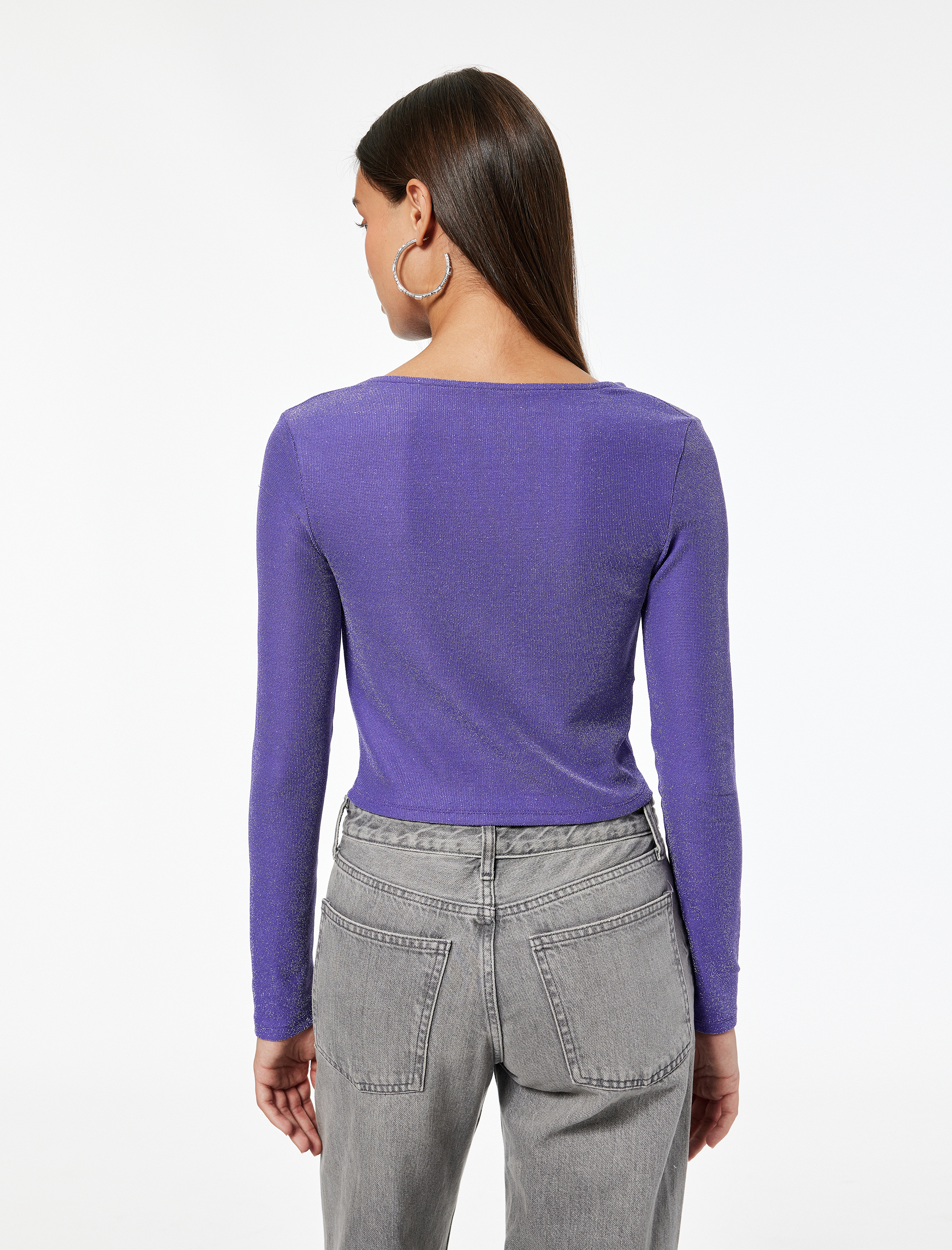   Slim Fit Uzun Kollu  Simli Degaje Yaka Tişört