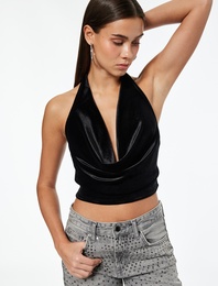 Slim Fit Degaje Yaka Kolsuz Crop Kadife Bluz