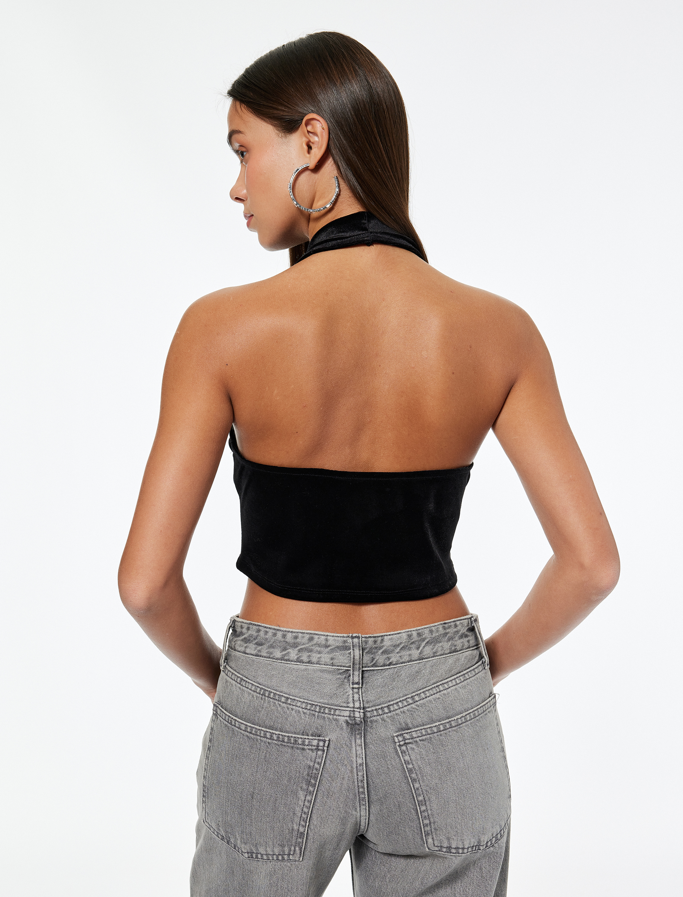   Slim Fit Degaje Yaka Kolsuz Crop Kadife Bluz