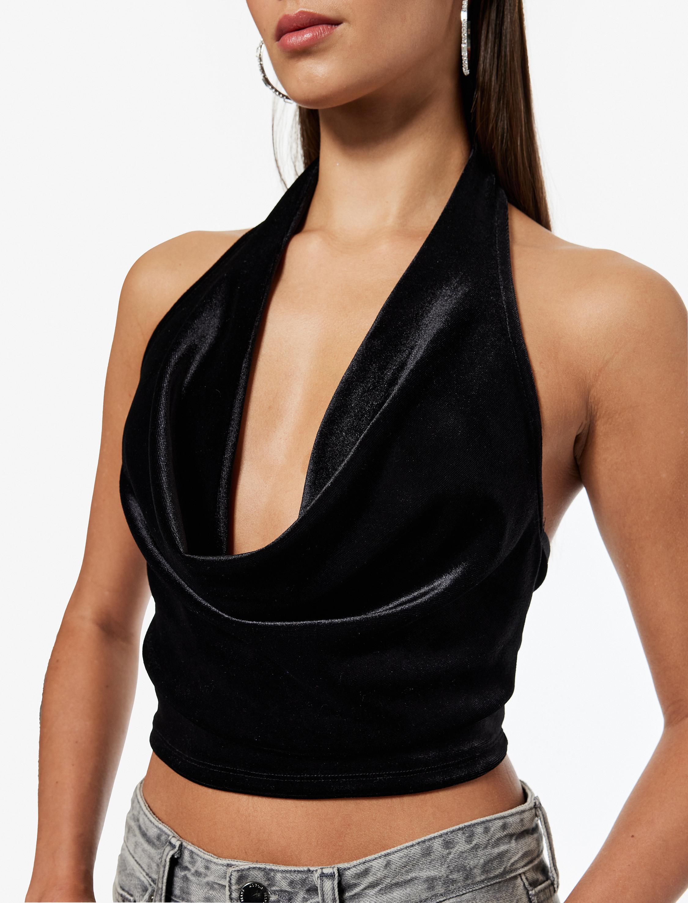   Slim Fit Degaje Yaka Kolsuz Crop Kadife Bluz