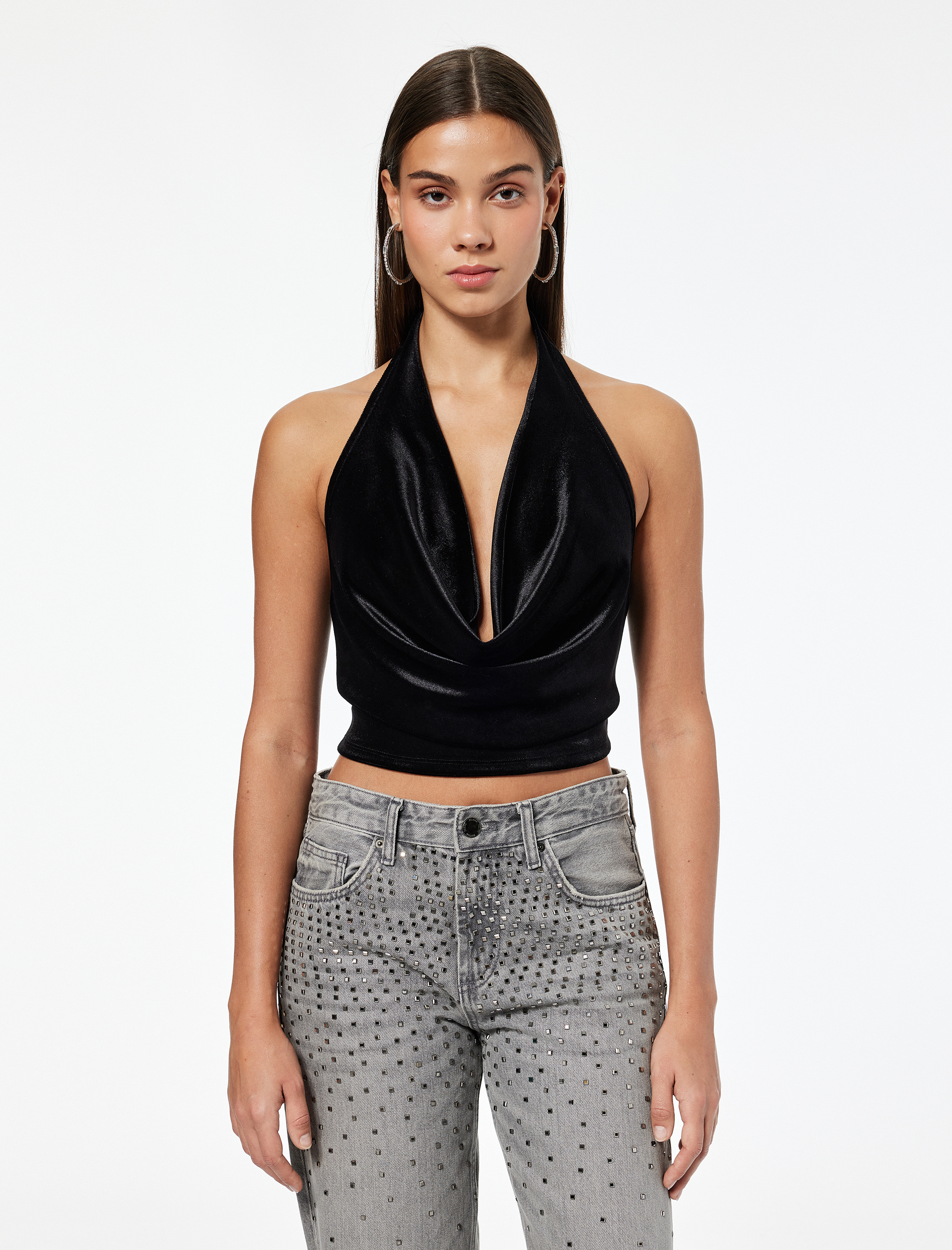   Slim Fit Degaje Yaka Kolsuz Crop Kadife Bluz