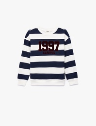 Baskılı Uzun Kollu Bisiklet Yaka Çizgili Sweatshirt