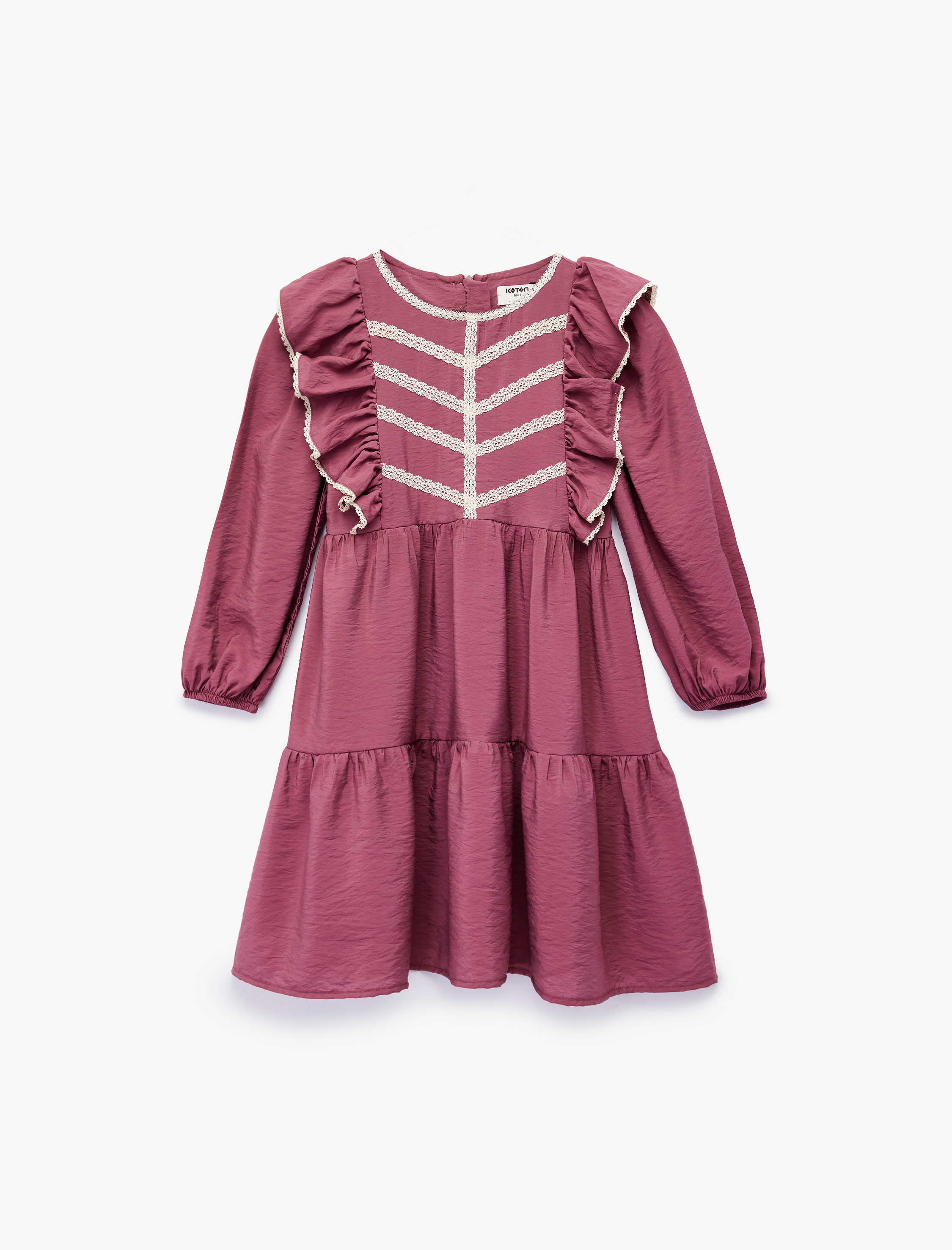  Kız Çocuk Uzun Kollu Bisiklet Yaka Volanlı Viskon Elbise