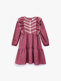 Uzun Kollu Bisiklet Yaka Volanlı Viskon Elbise