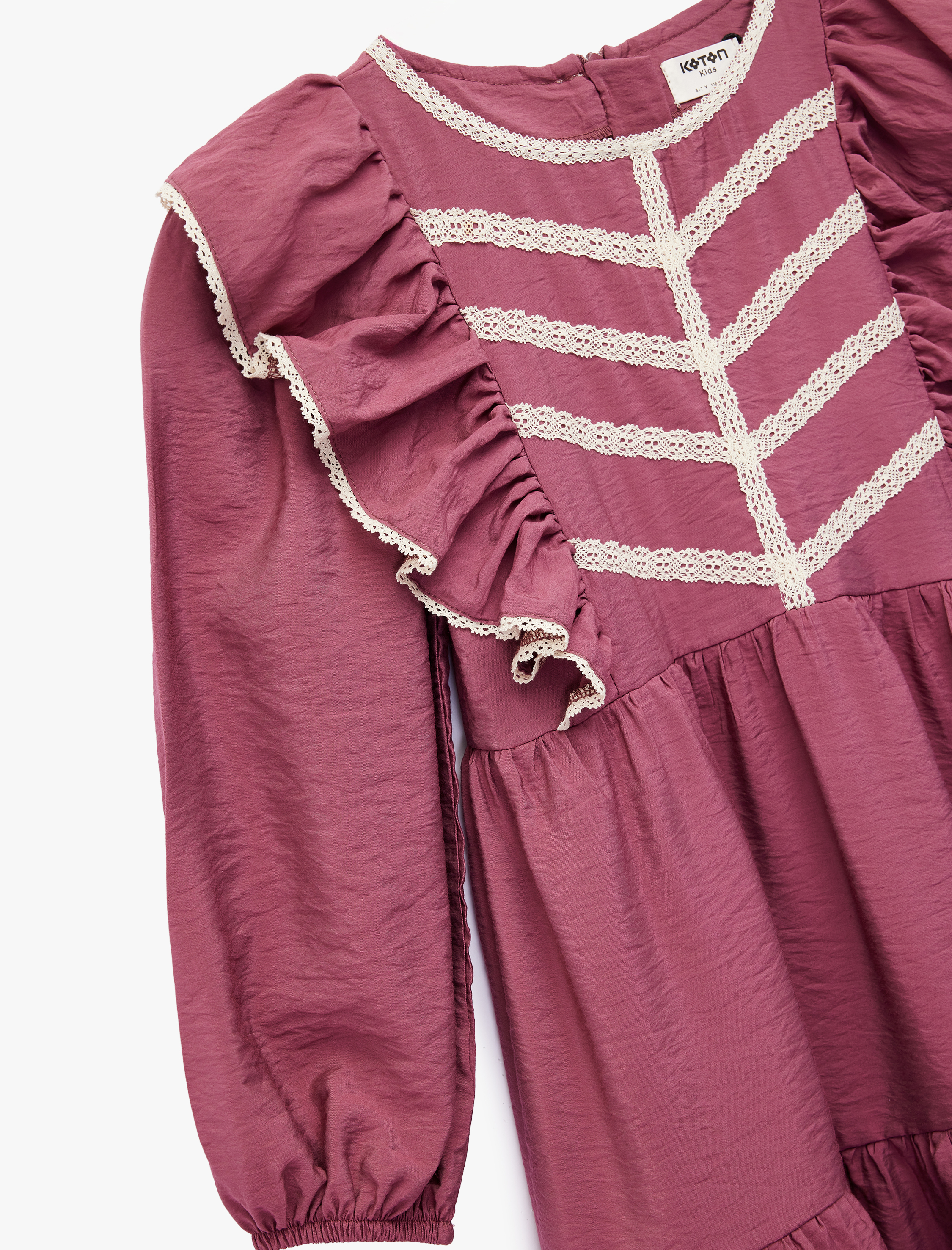  Kız Çocuk Uzun Kollu Bisiklet Yaka Volanlı Viskon Elbise