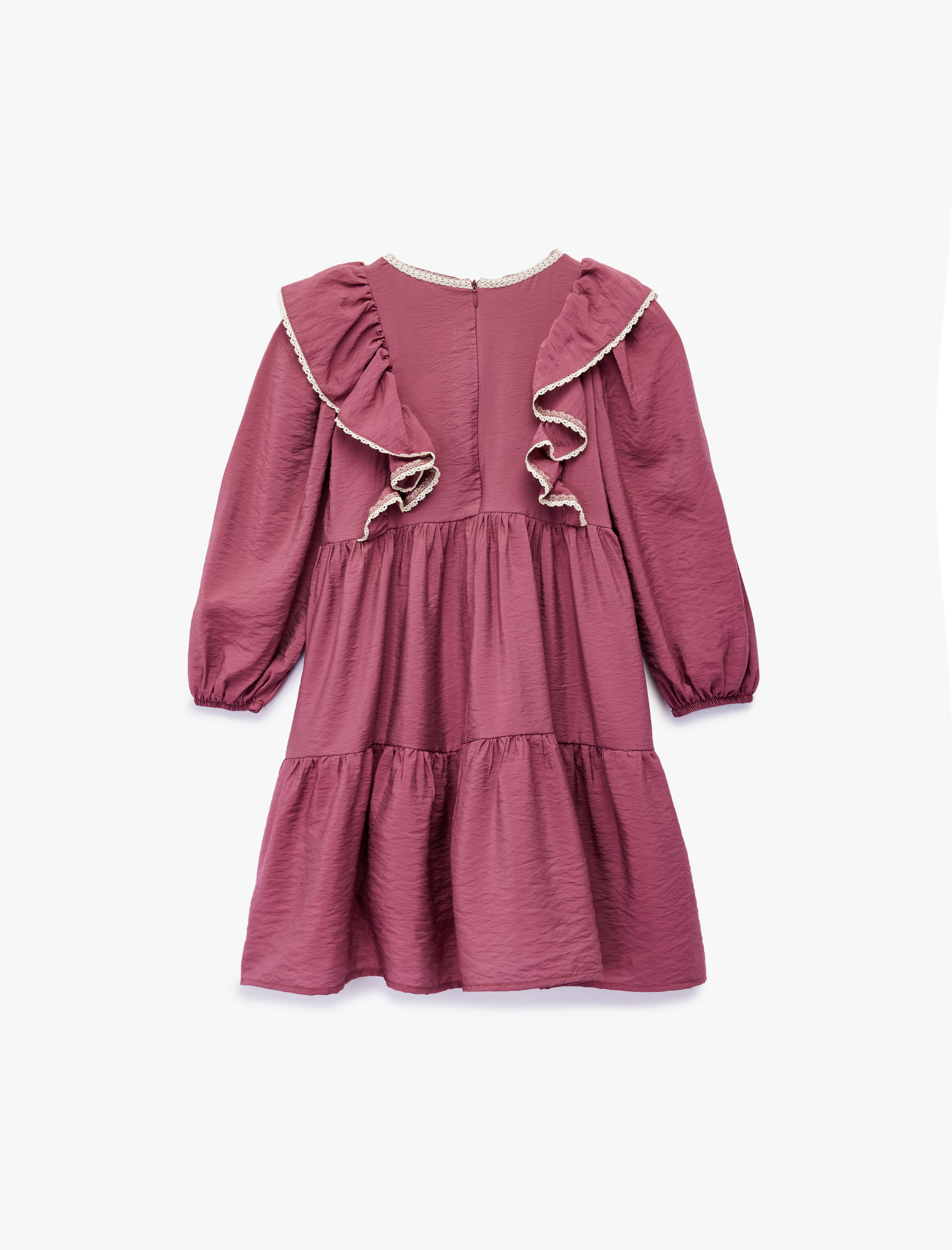  Kız Çocuk Uzun Kollu Bisiklet Yaka Volanlı Viskon Elbise