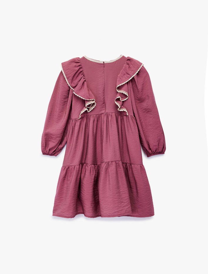 Kız Çocuk Uzun Kollu Bisiklet Yaka Volanlı Viskon Elbise