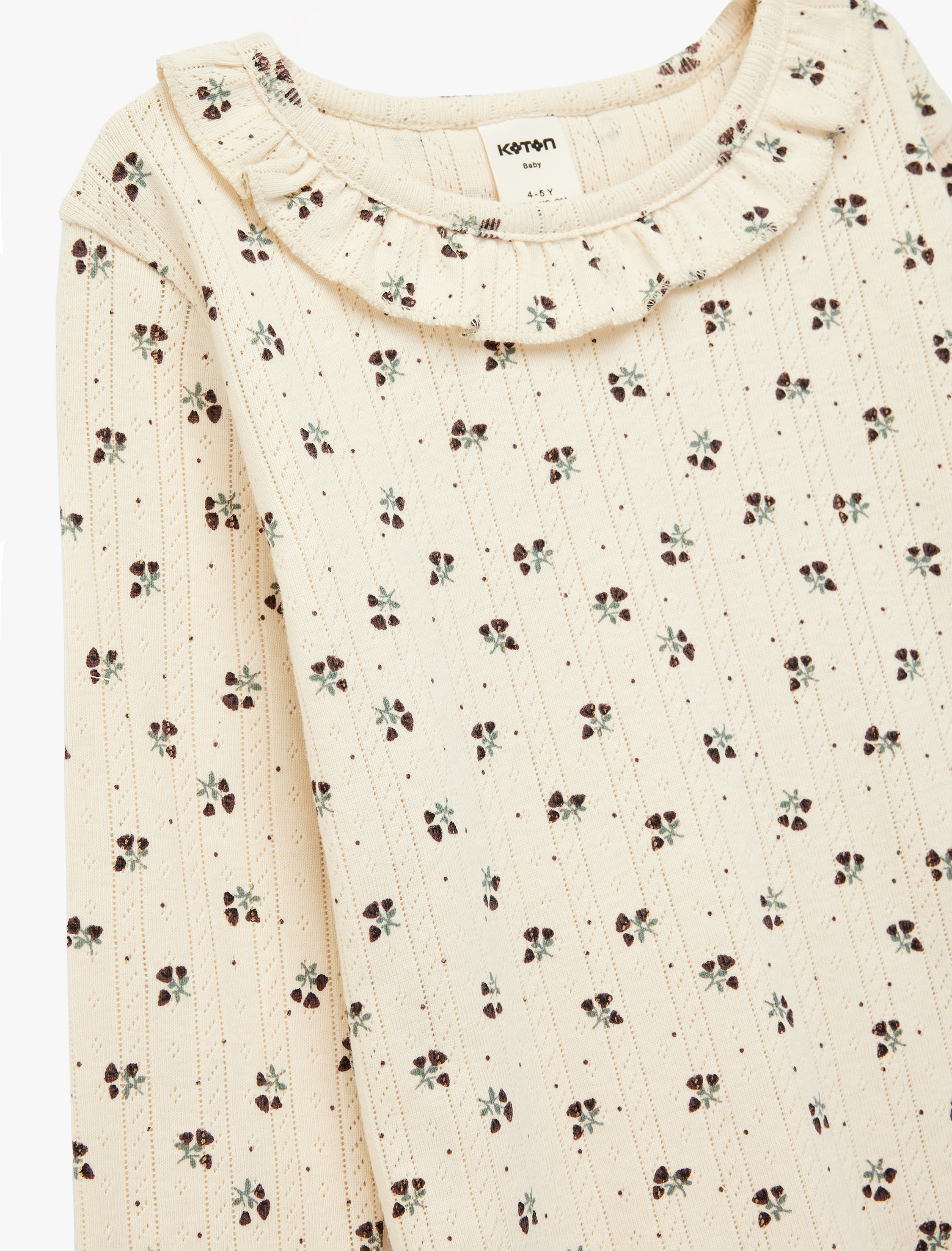  Kız Bebek Pamuklu Uzun Kollu Bisiklet Yaka Fırfır Detaylı Çiçekli Tişört