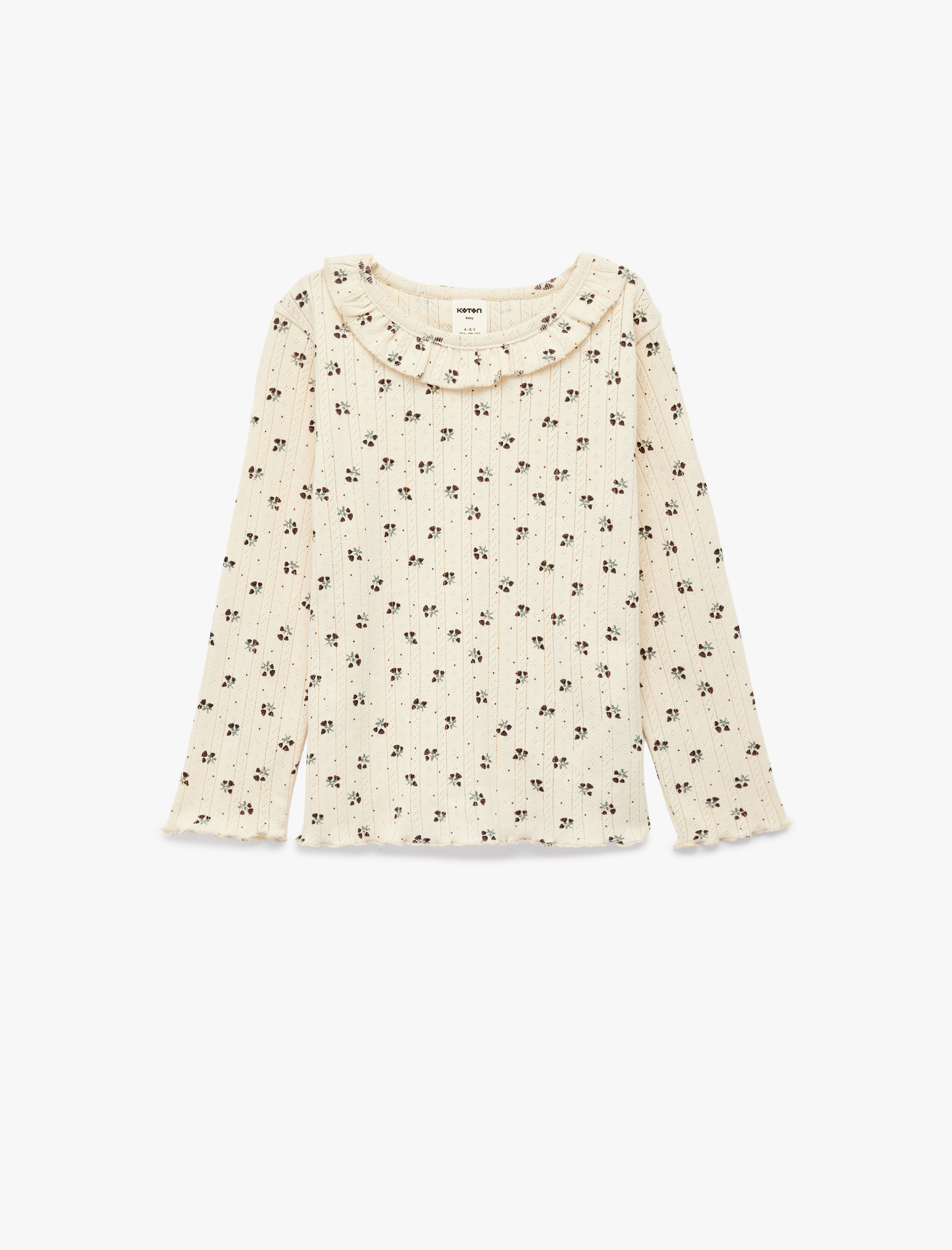  Kız Bebek Pamuklu Uzun Kollu Bisiklet Yaka Fırfır Detaylı Çiçekli Tişört