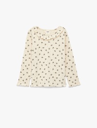 Pamuklu Uzun Kollu Bisiklet Yaka Fırfır Detaylı Çiçekli Tişört