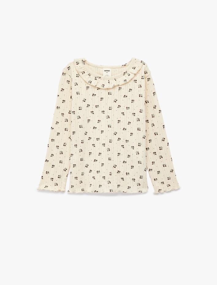 Kız Bebek Pamuklu Uzun Kollu Bisiklet Yaka Fırfır Detaylı Çiçekli Tişört