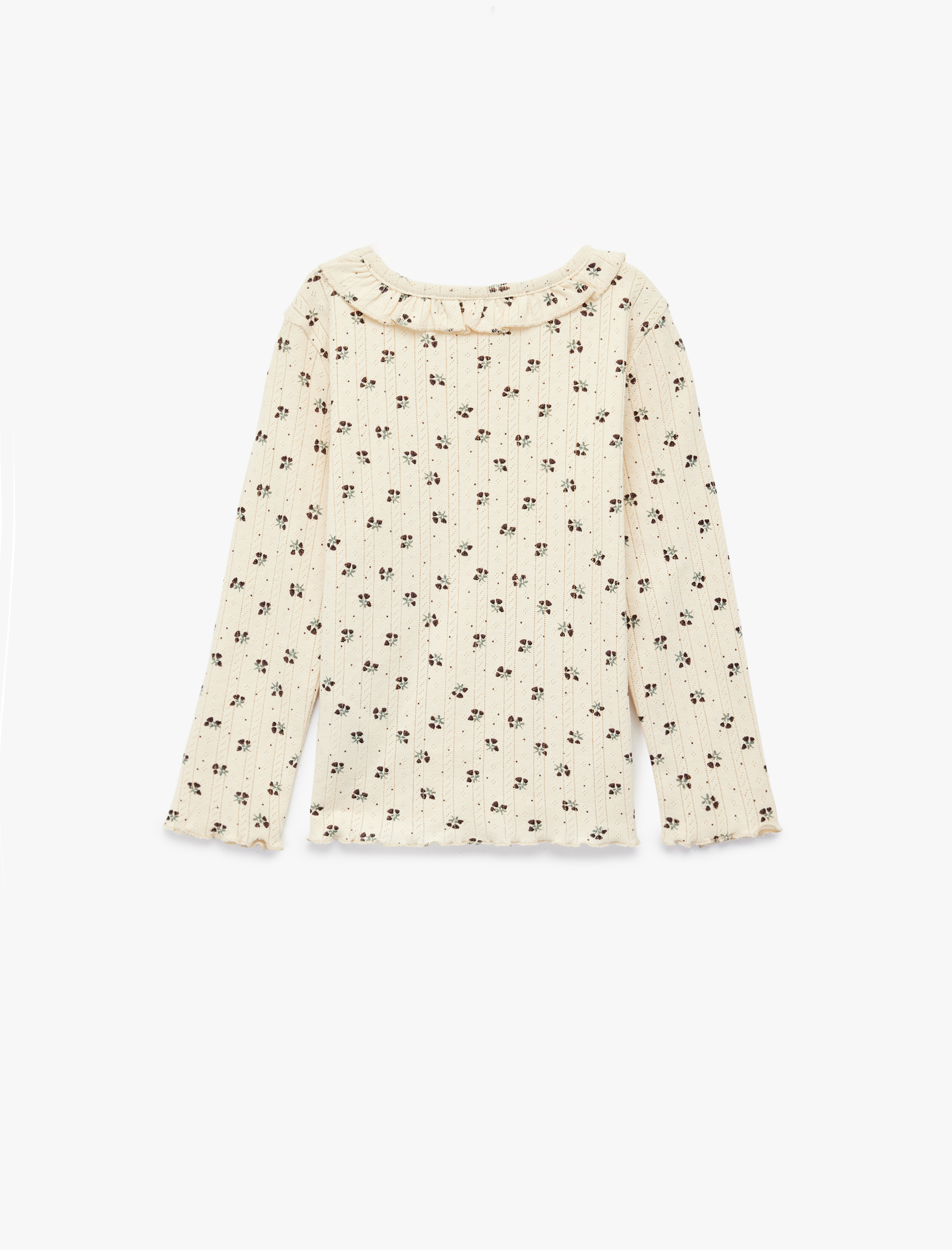  Kız Bebek Pamuklu Uzun Kollu Bisiklet Yaka Fırfır Detaylı Çiçekli Tişört