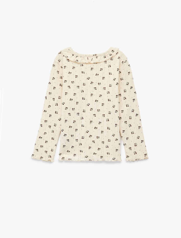 Kız Bebek Pamuklu Uzun Kollu Bisiklet Yaka Fırfır Detaylı Çiçekli Tişört