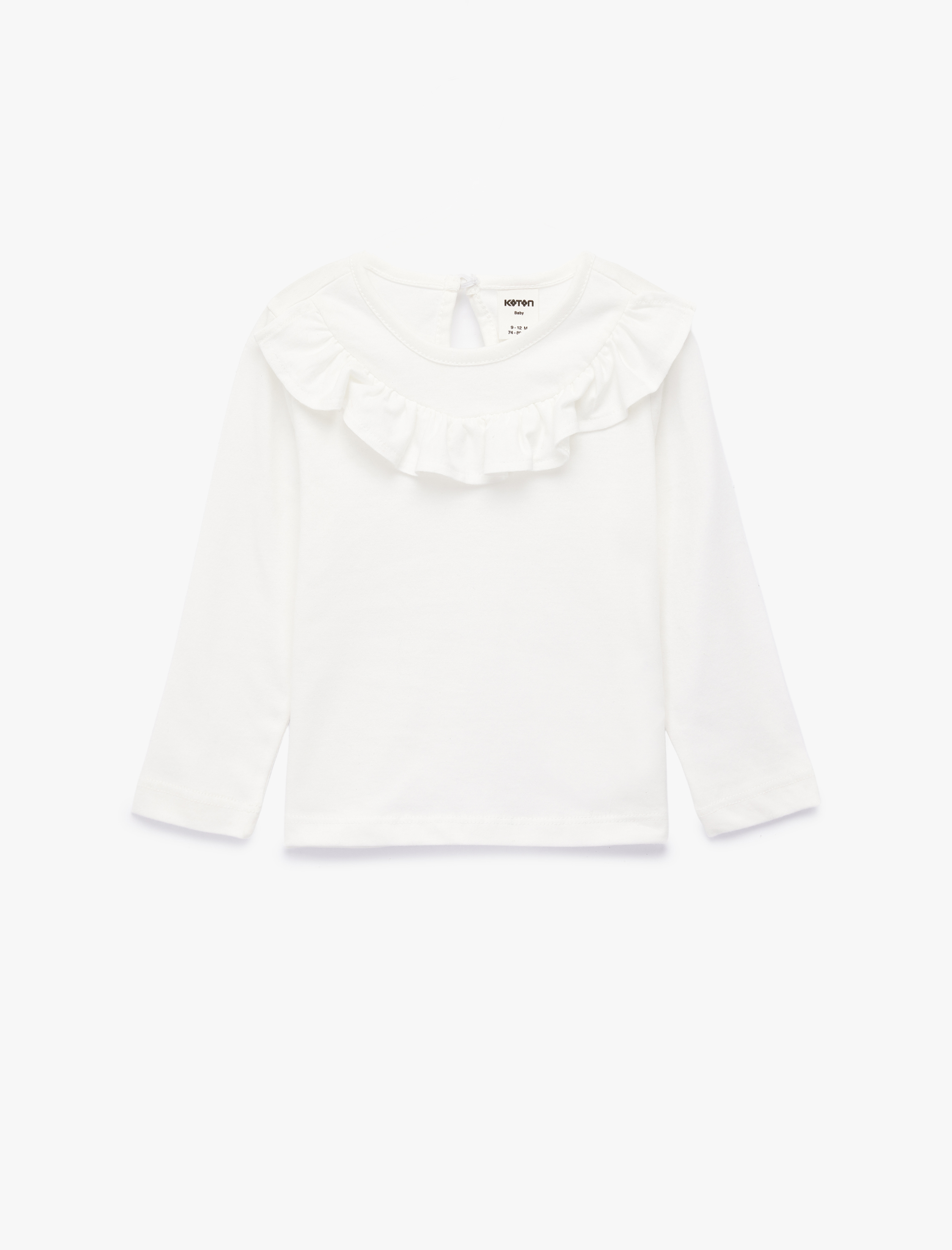  Kız Bebek Bisiklet Yaka Uzun Kollu Fırfır Detaylı Pamuklu Tişört