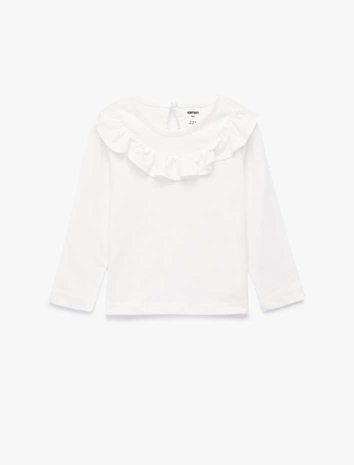 Kız Bebek Bisiklet Yaka Uzun Kollu Fırfır Detaylı Pamuklu Tişört