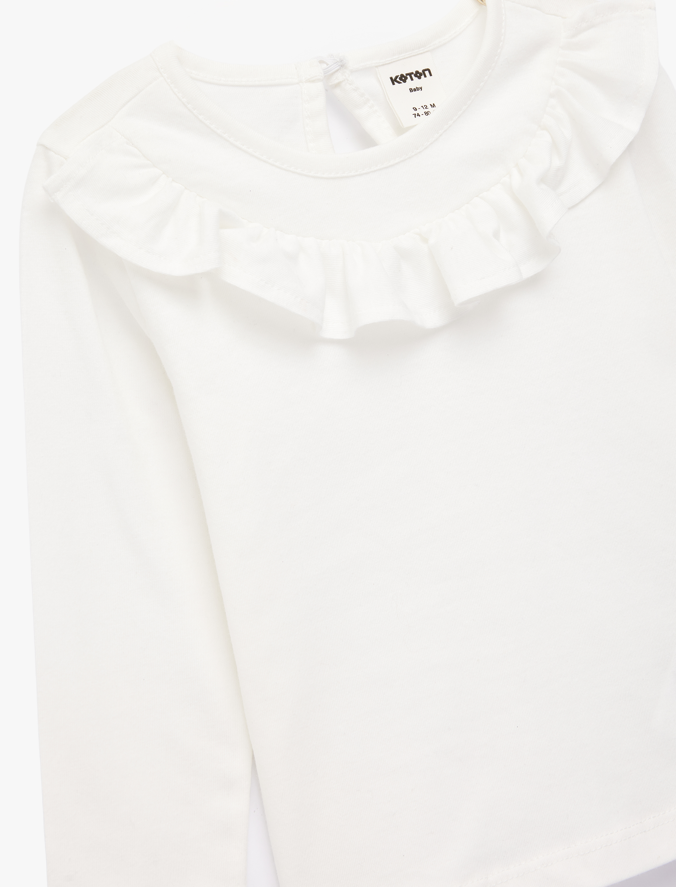  Kız Bebek Bisiklet Yaka Uzun Kollu Fırfır Detaylı Pamuklu Tişört