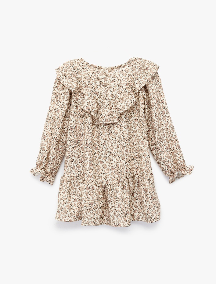 Kız Bebek Uzun Kollu Bisiklet Yaka Fırfırlı Viskon Çiçekli Elbise