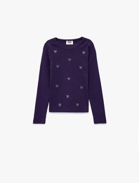 Fiyonk Taş Detaylı Uzun Kollu Bisiklet Yaka Pamuklu Tişört