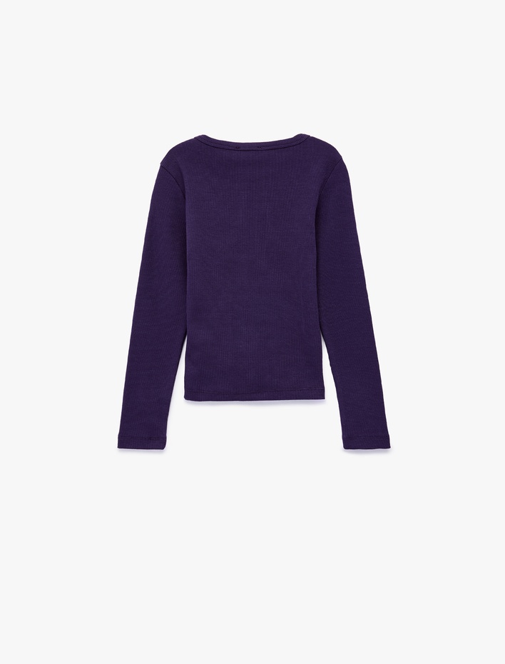 Kız Çocuk Fiyonk Taş Detaylı Uzun Kollu Bisiklet Yaka Pamuklu Tişört