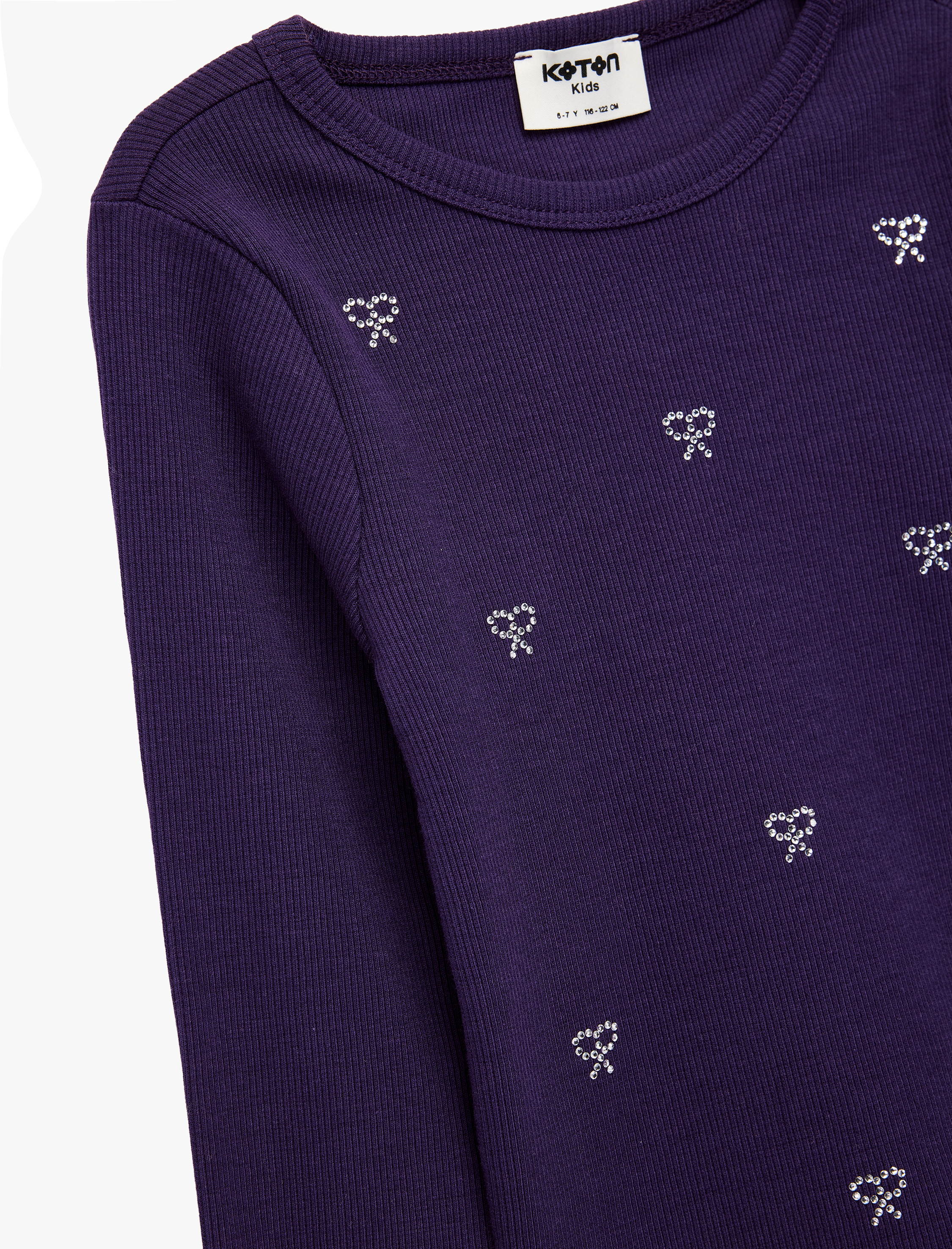  Kız Çocuk Fiyonk Taş Detaylı Uzun Kollu Bisiklet Yaka Pamuklu Tişört