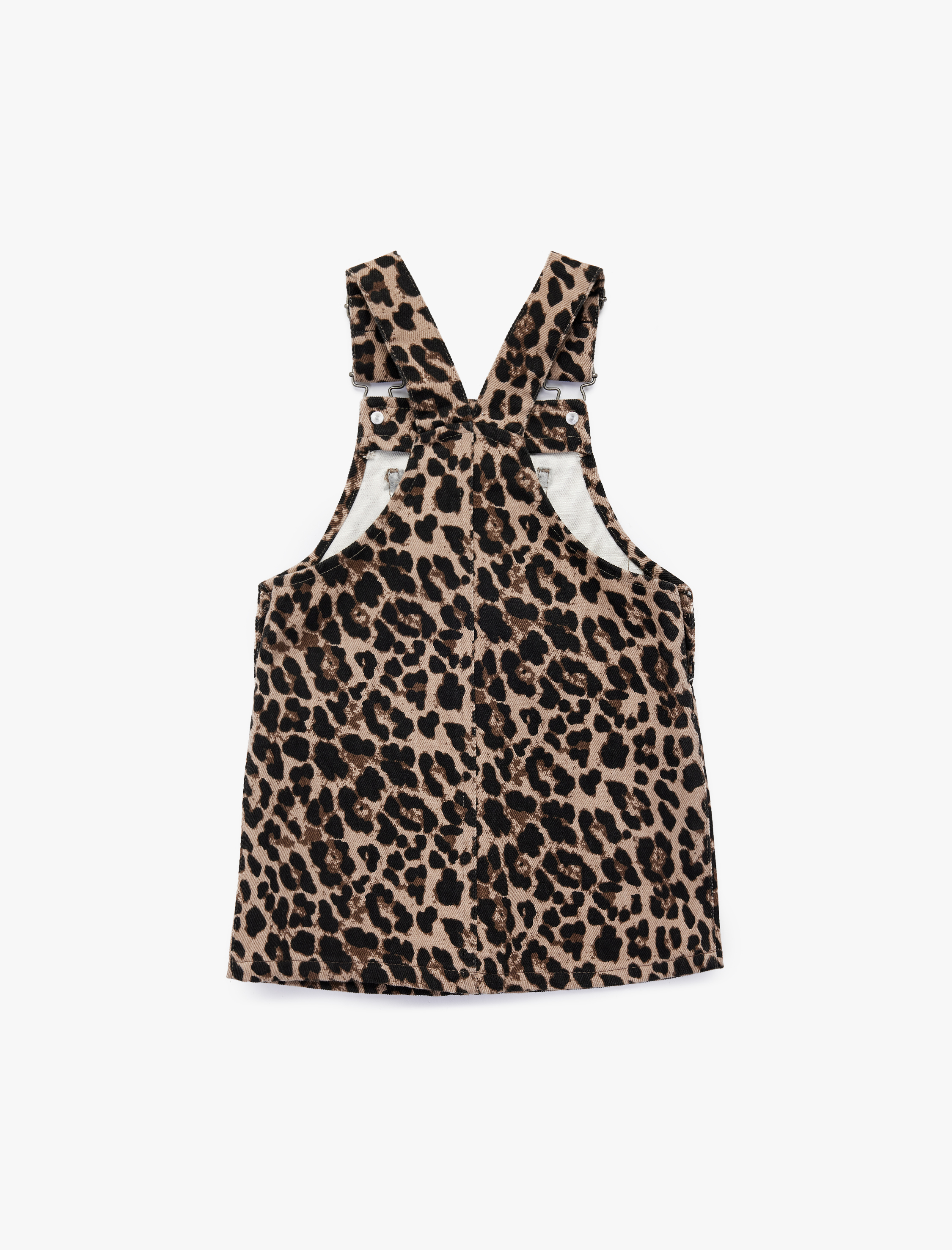  Kız Bebek Leopar Desenli Cepli Kare Yaka Pamuklu Denim Jile Elbise