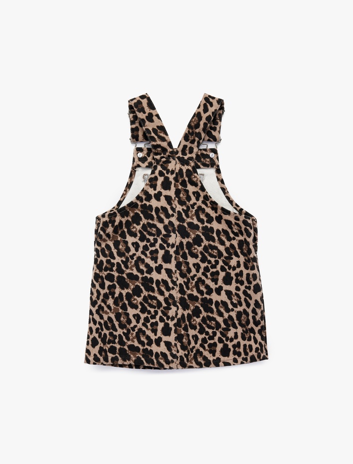 Kız Bebek Leopar Desenli Cepli Kare Yaka Pamuklu Denim Jile Elbise