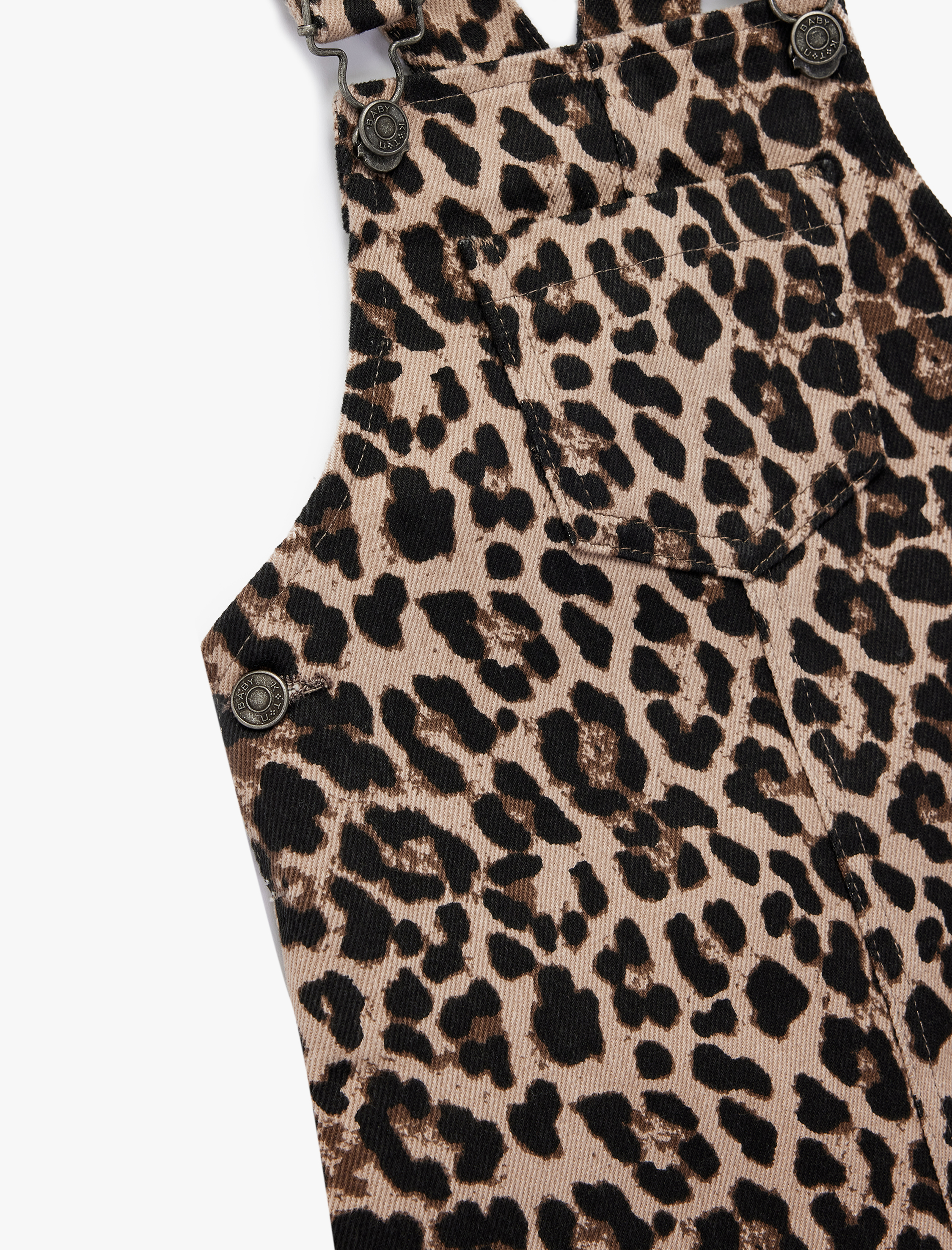  Kız Bebek Leopar Desenli Cepli Kare Yaka Pamuklu Denim Jile Elbise