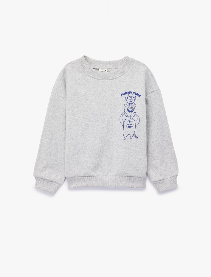 Erkek Bebek Canavar Baskılı Uzun Kollu Bisiklet Yaka Sweatshirt